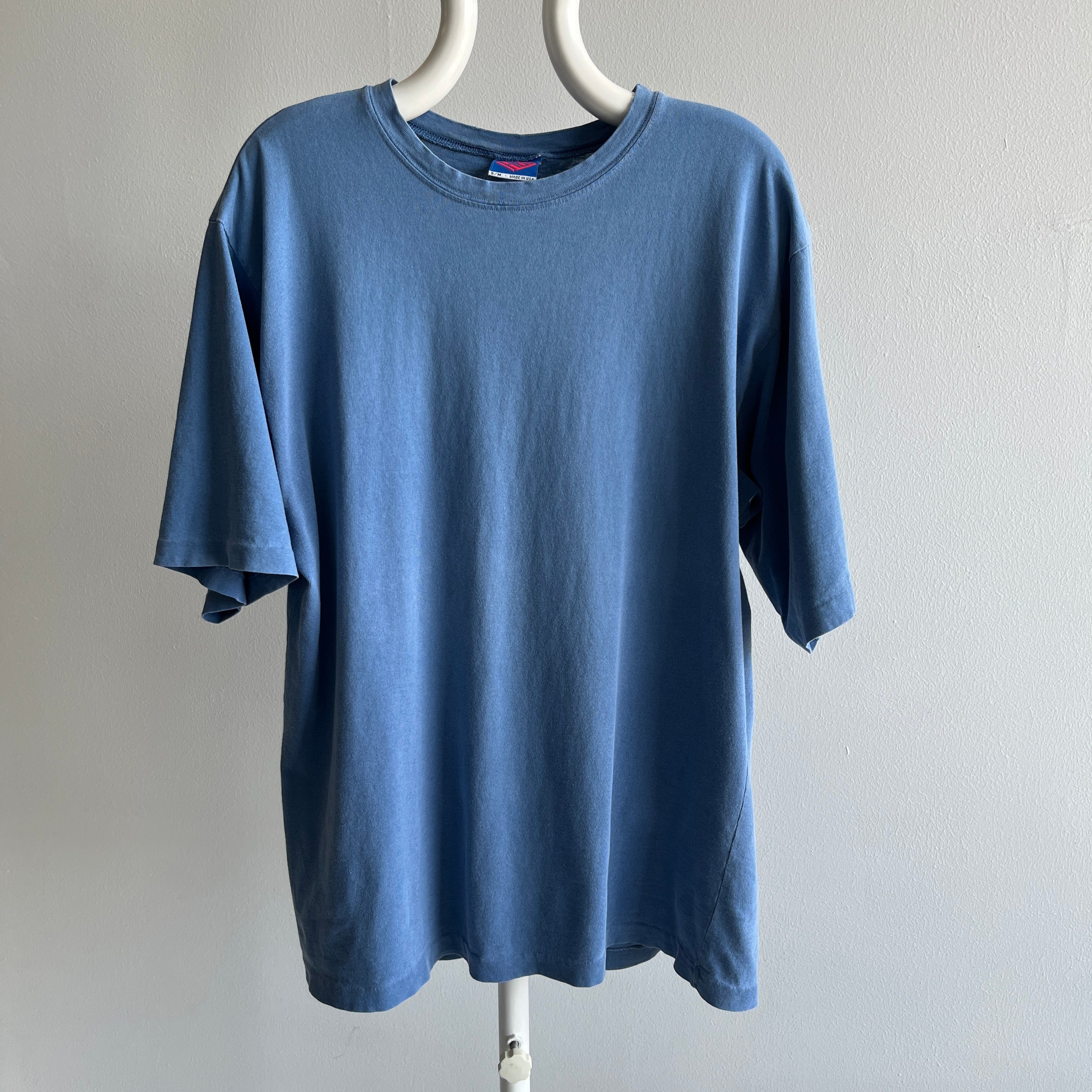 1990s Dusty Blue Cotton T-Shirt with Larger Short Sleeves