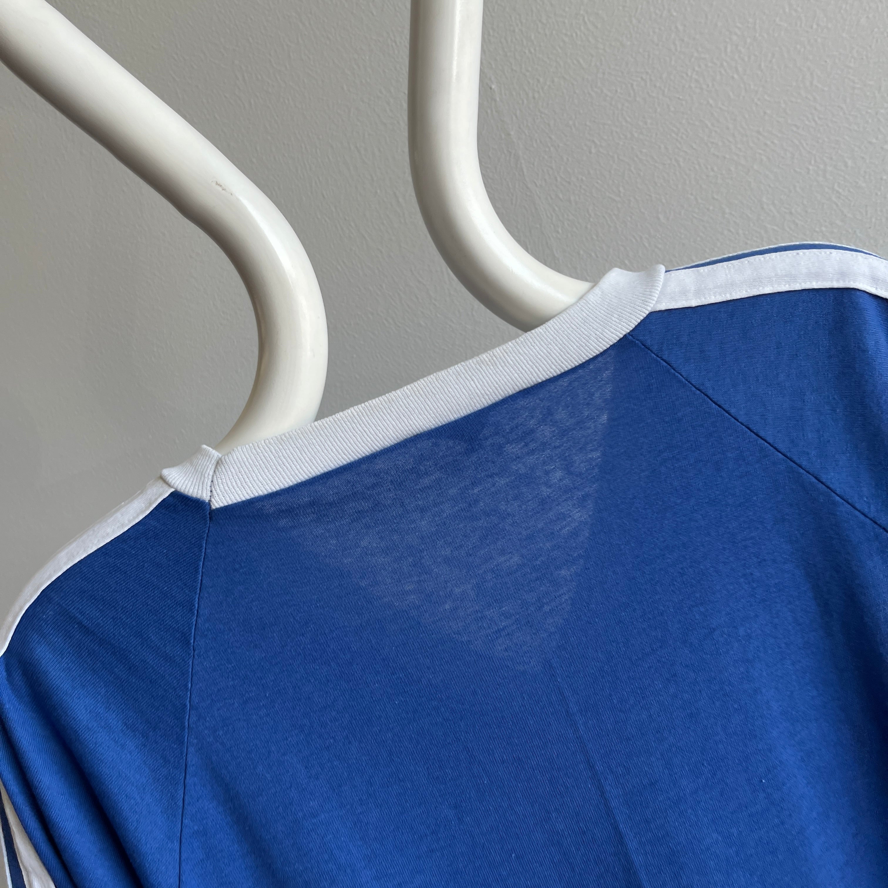 1970/80s Royal Blue and White V-Neck Triple Stripe T-Shirt