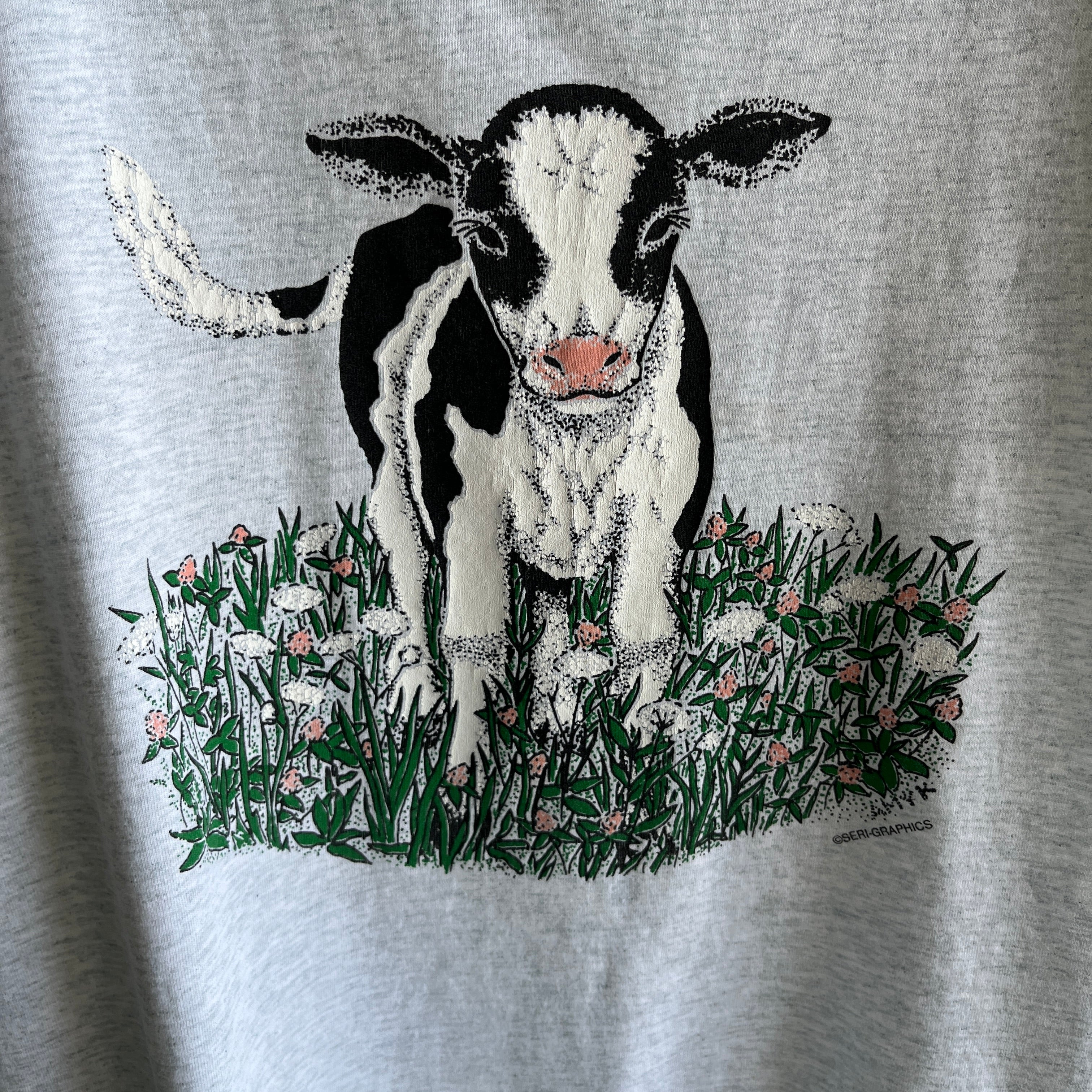 1980s Front and Back Cow T-Shirt with a Cut Neck - !!!!