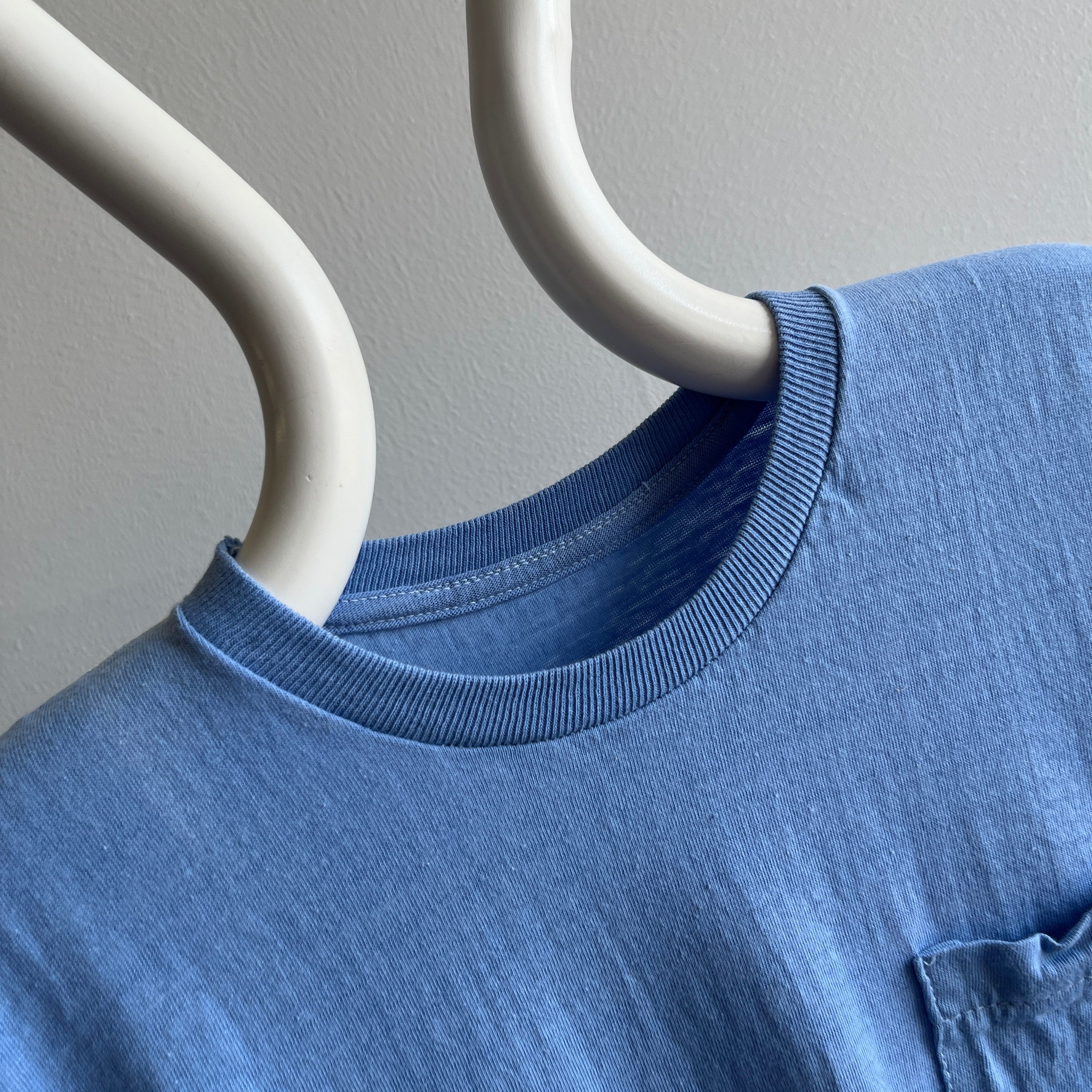 1970/80s Baby Dusty Blue Cotton Ring T-Shirt with a Great Little Pocket