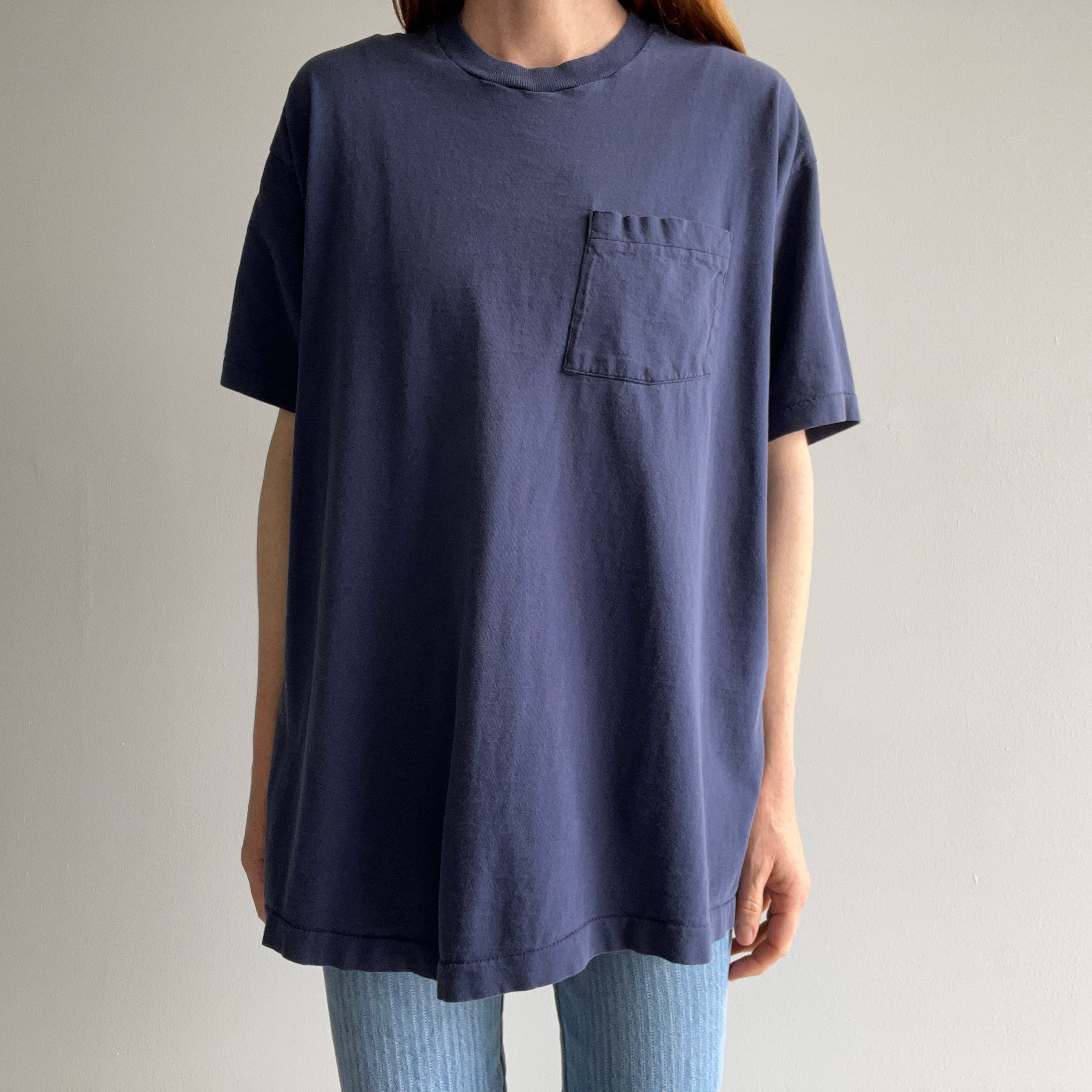 1980s Perfectly Faded and Worn Navy Cotton Selvedge Pocket T-Shirt