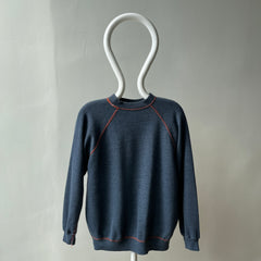 1980s Faded Gray/Blue Navy Sweatshirt with Orange Contrast Stitching - A Beauty