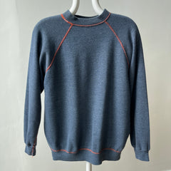 1980s Faded Gray/Blue Navy Sweatshirt with Orange Contrast Stitching - A Beauty