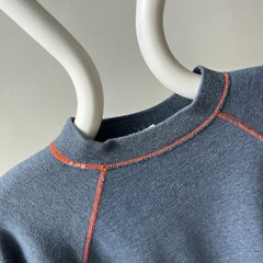 1980s Faded Gray/Blue Navy Sweatshirt with Orange Contrast Stitching - A Beauty