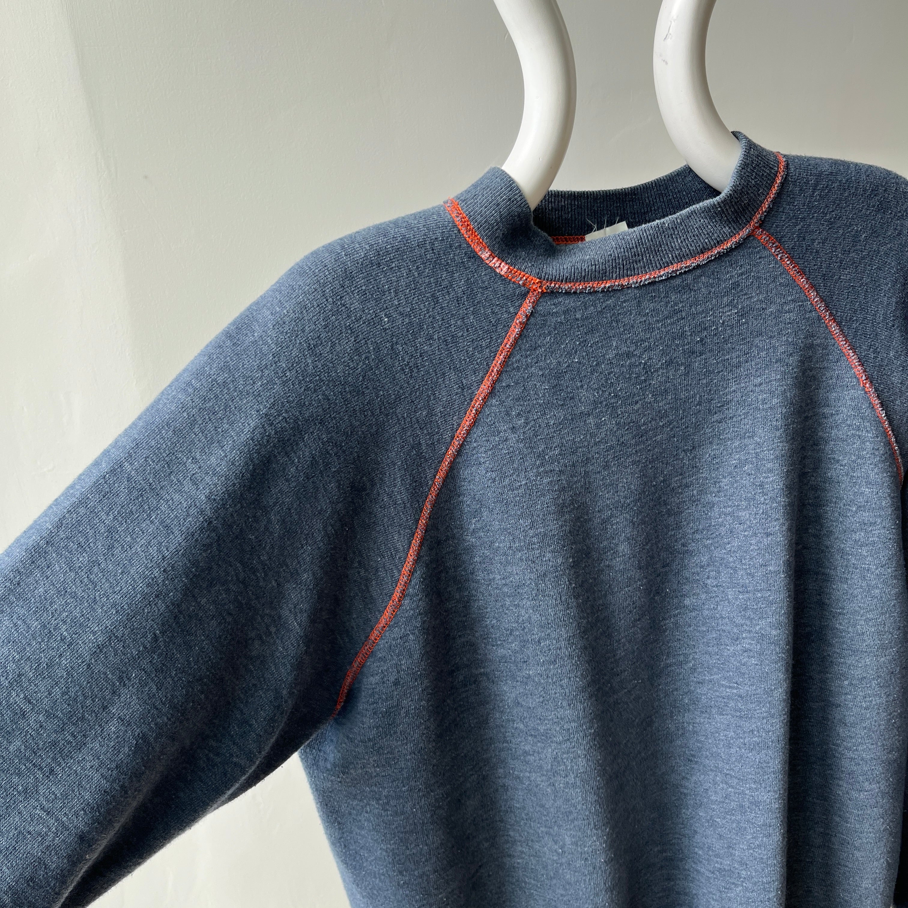 1980s Faded Gray/Blue Navy Sweatshirt with Orange Contrast Stitching - A Beauty