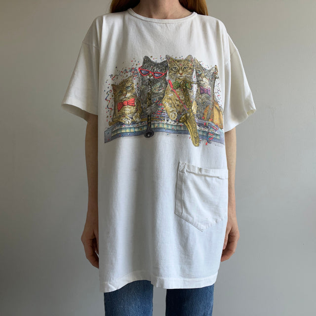 1995 Cats Jamming Front and Back X-Long T-Shirt with Pocket for Snacks