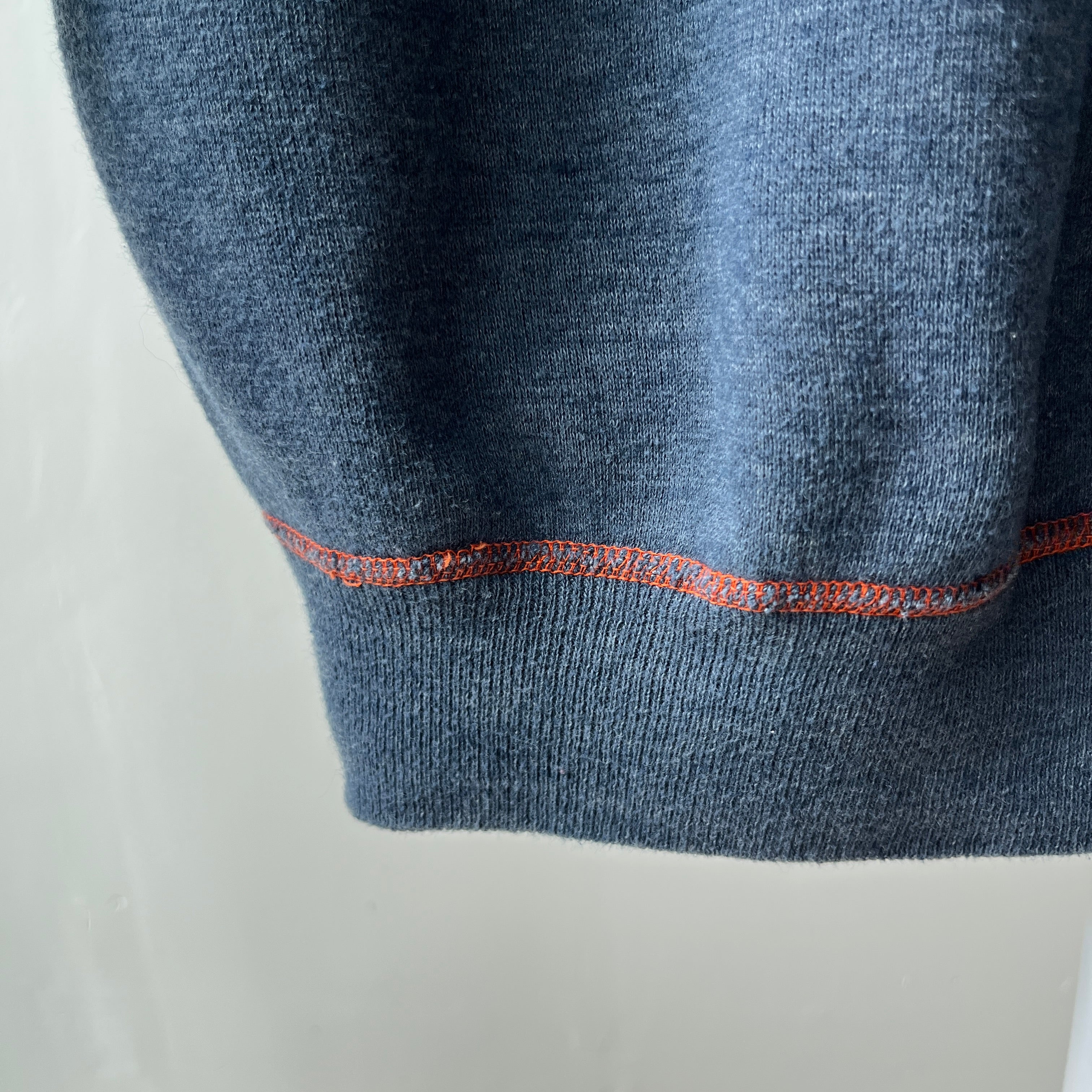 1980s Faded Gray/Blue Navy Sweatshirt with Orange Contrast Stitching - A Beauty