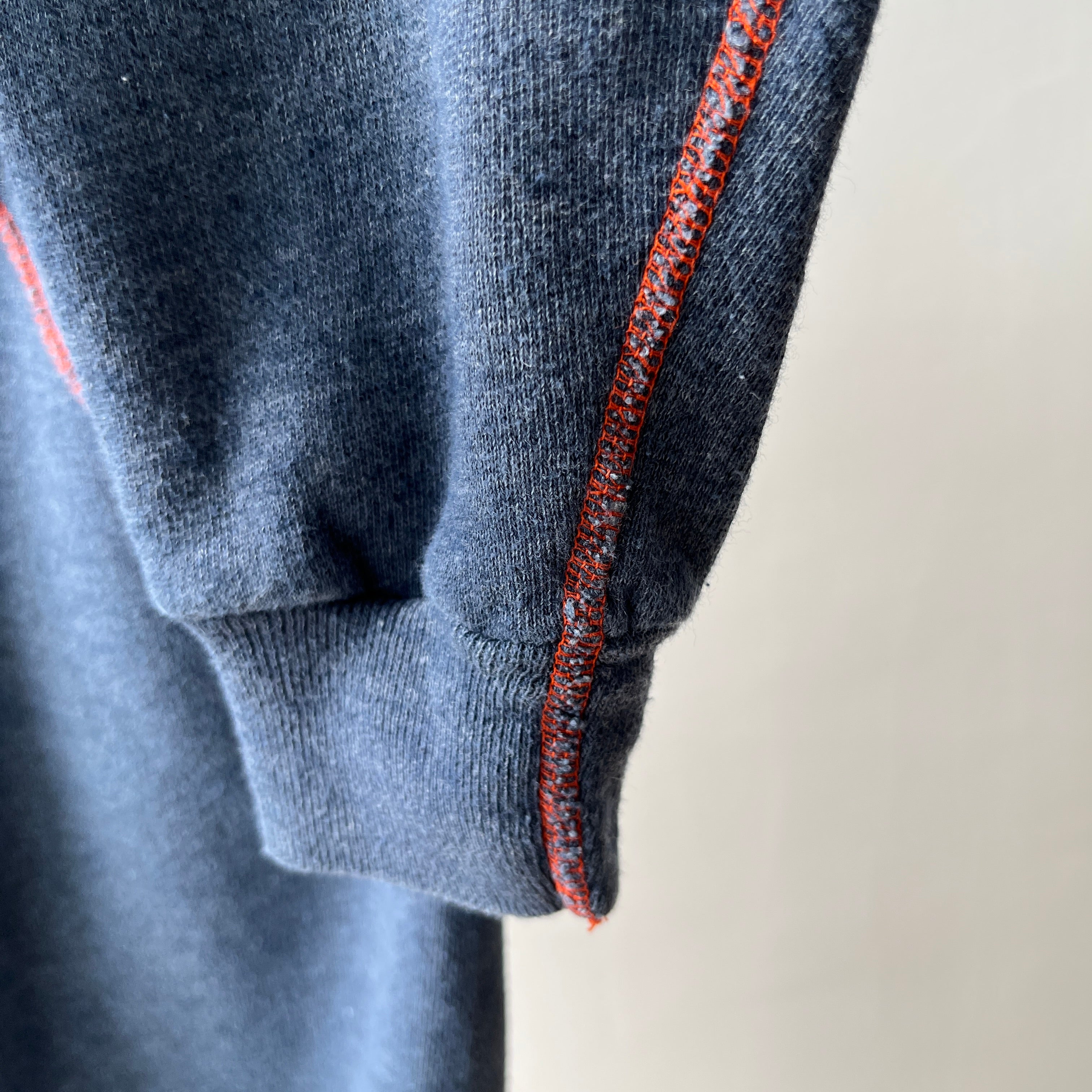 1980s Faded Gray/Blue Navy Sweatshirt with Orange Contrast Stitching - A Beauty