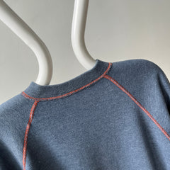 1980s Faded Gray/Blue Navy Sweatshirt with Orange Contrast Stitching - A Beauty