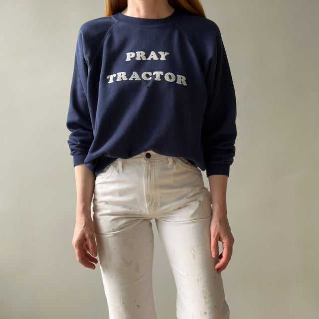 1980s "Pray Tractor" Sweatshirt with Beautiful Hand Mending on the Backside