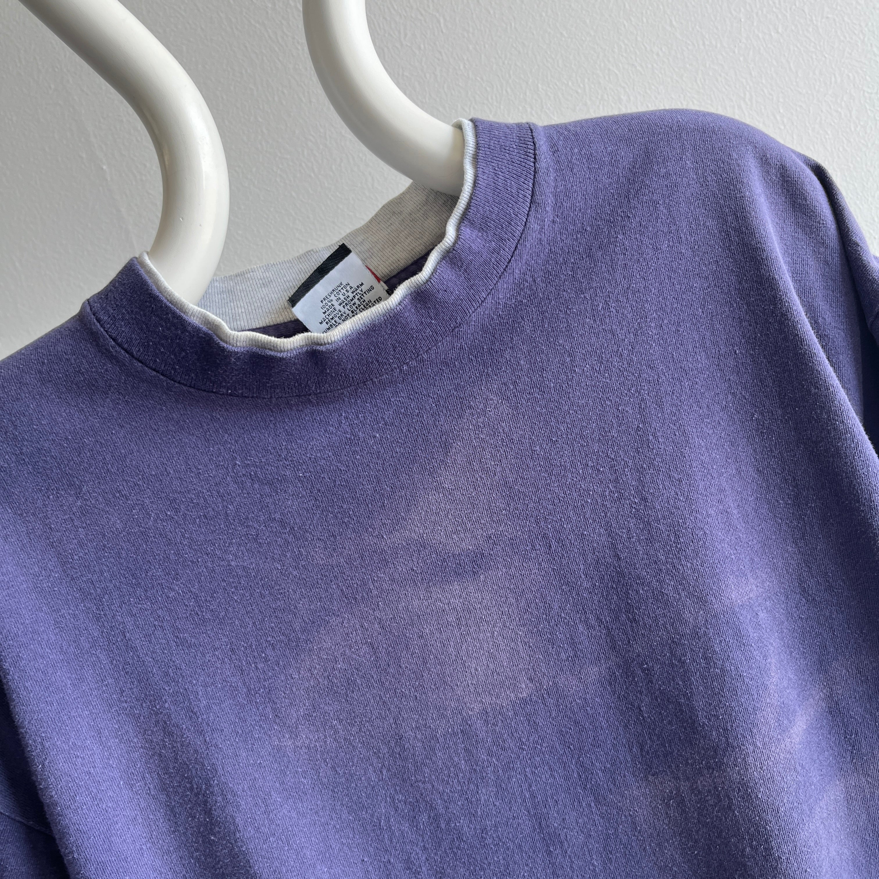 1980s Rad Sun Faded Swirls Blank Navy Rolled Back Sleeve Cotton T-Shirt