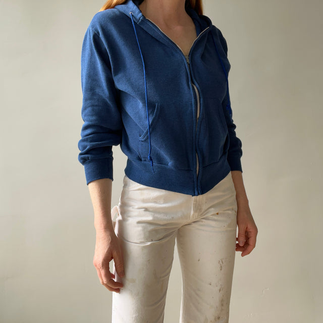 1980s Soft and Slouchy Zip Up Hoodie by Bassett Walker - Medium Blue