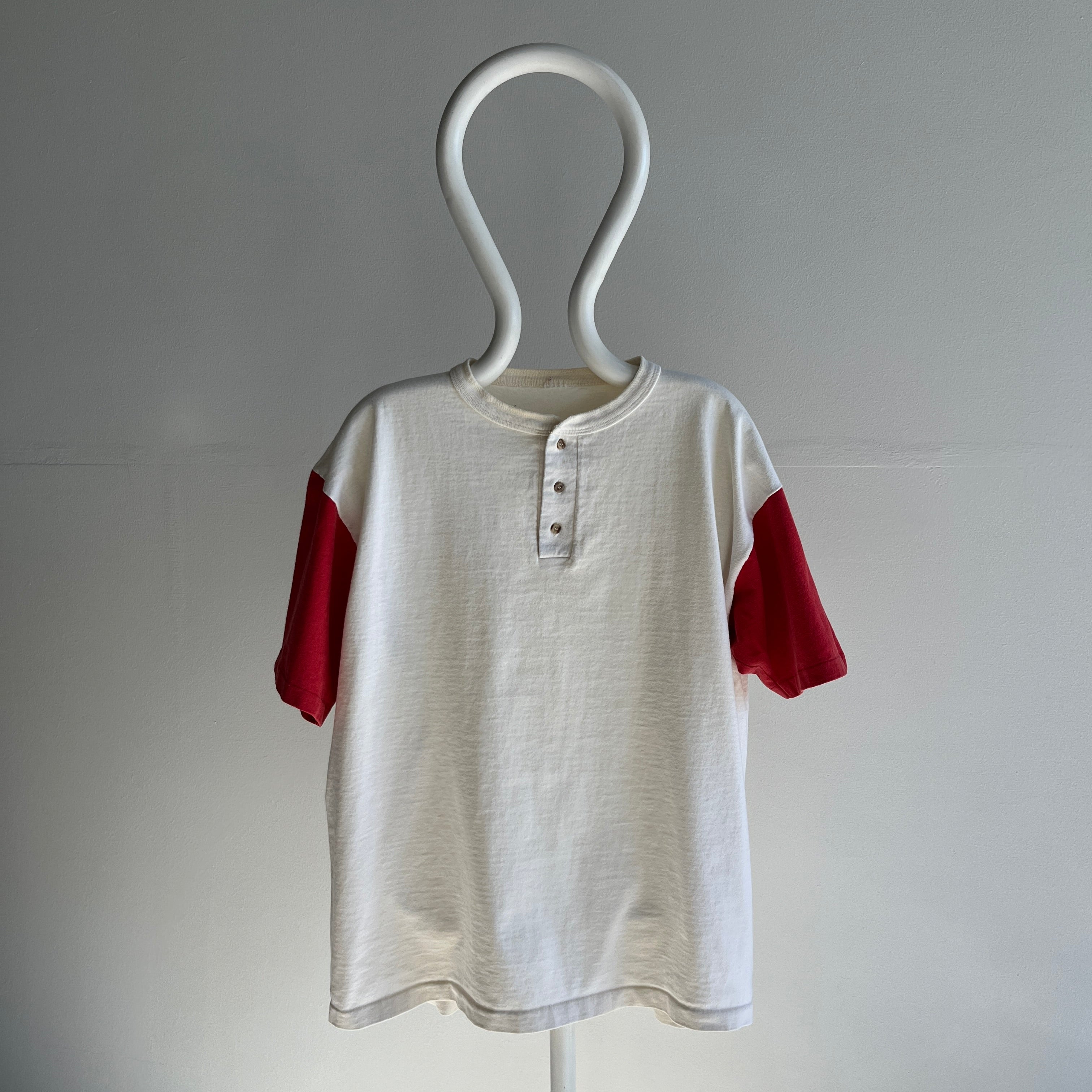 1990s Red and Off White Heavyweight Henley T-Shirt