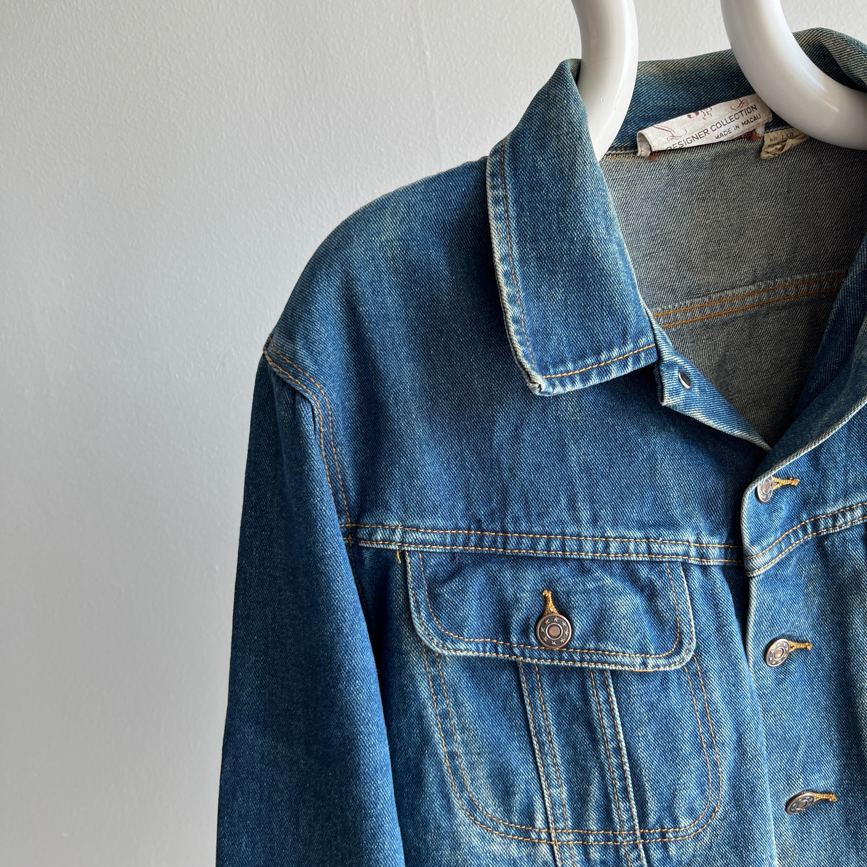 1980s John Paul Goebel Nicely Worn Denim Jean Jacket (Missing Bottom Button)