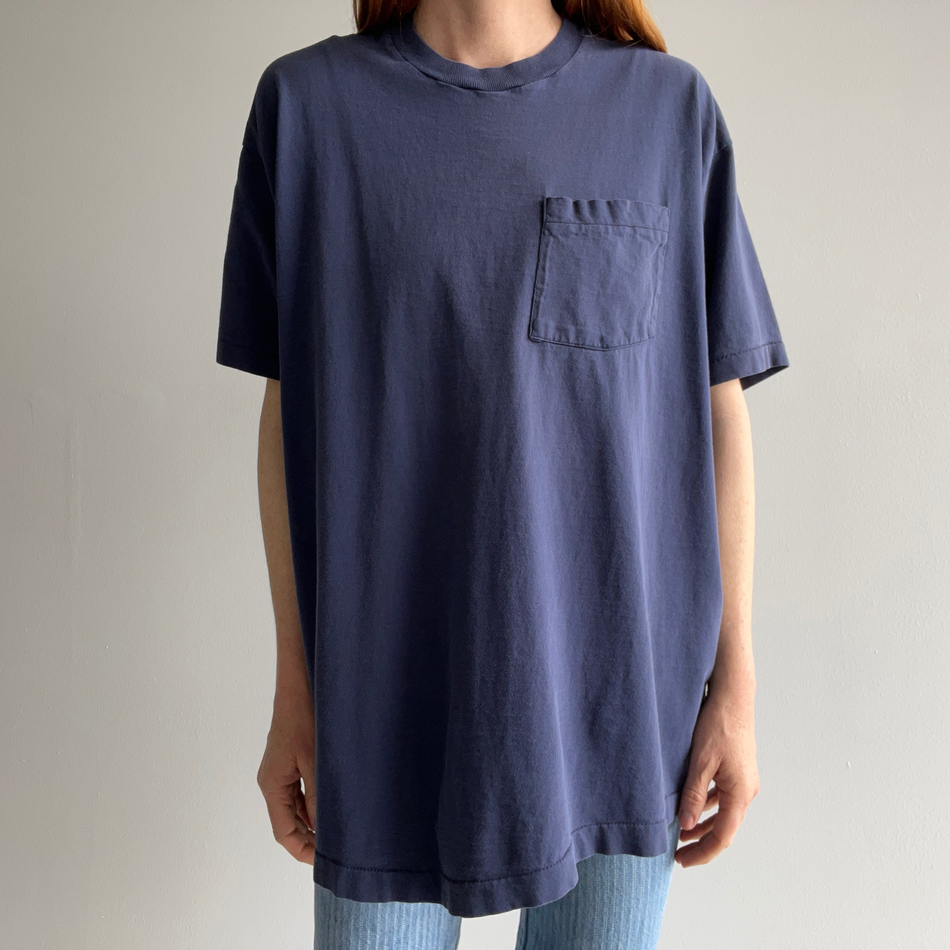 1980s Perfectly Faded and Worn Navy Cotton Selvedge Pocket T-Shirt