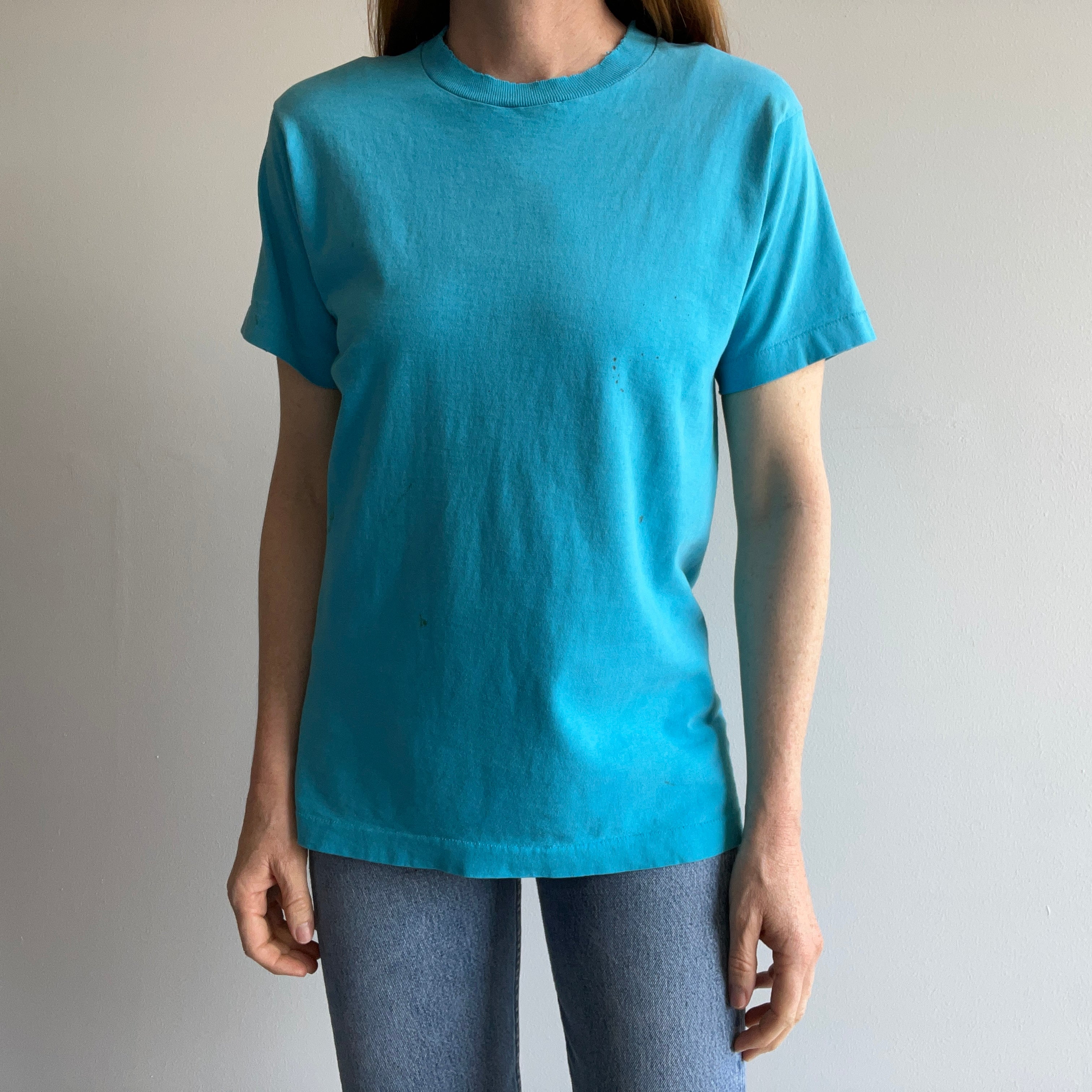 1980s Perfectly Tattered, Torn, Stained and Worn Turquoise FOTL T-Shirt