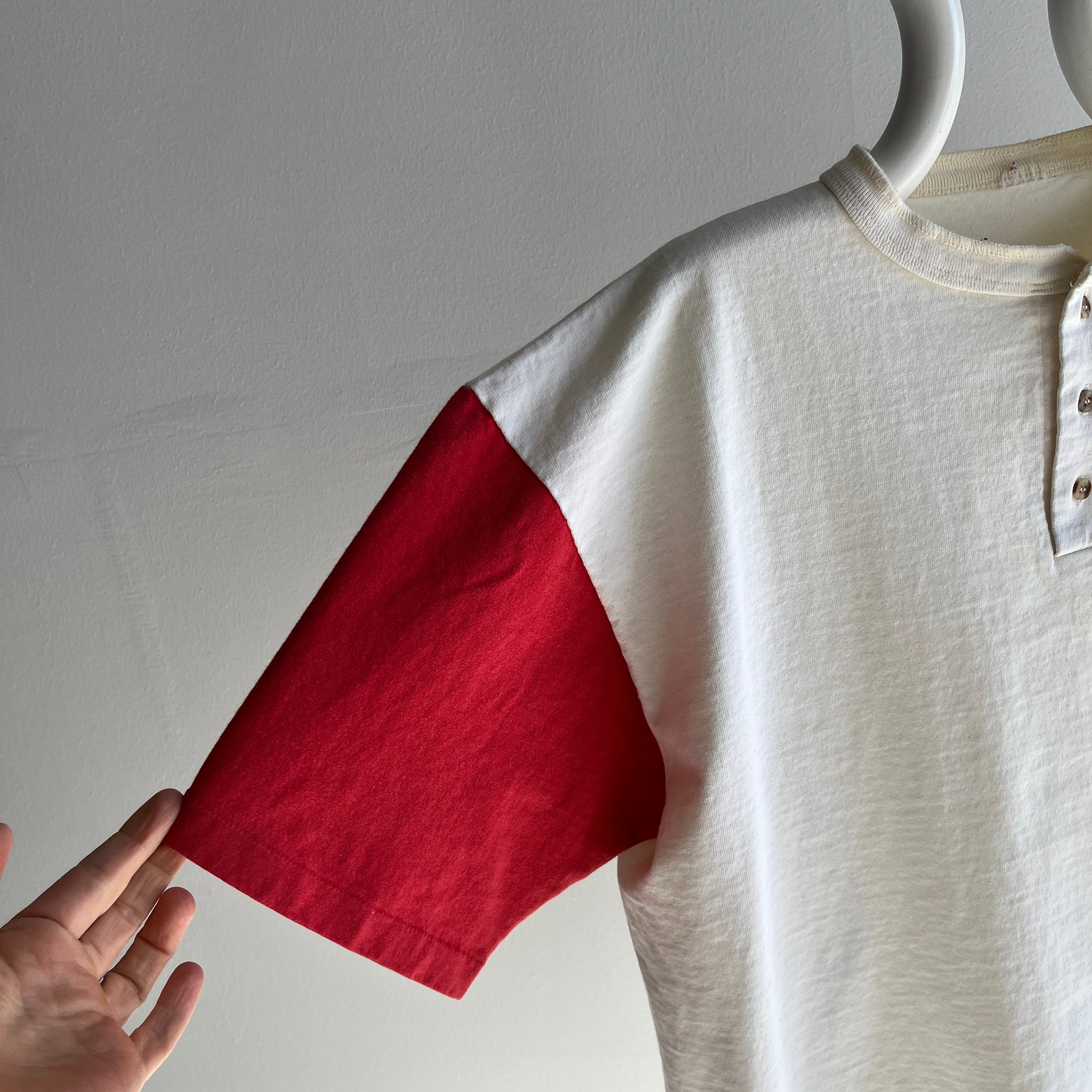 1990s Red and Off White Heavyweight Henley T-Shirt