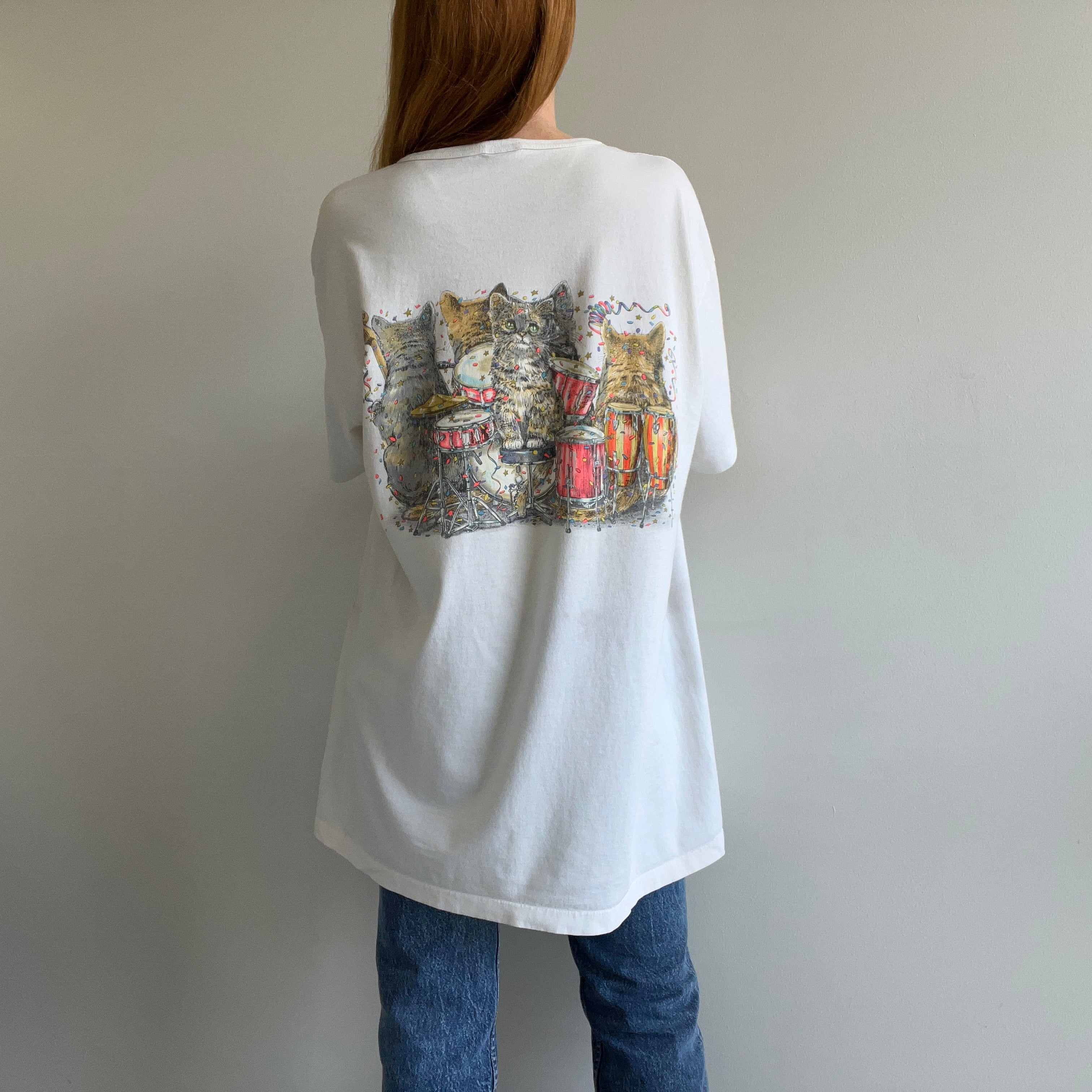 1995 Cats Jamming Front and Back X-Long T-Shirt with Pocket for Snacks