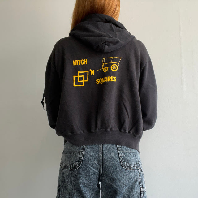 1980s Hitch N Squares Black Beat Up Super Soft Zip Up Hoodie - Great Graphic