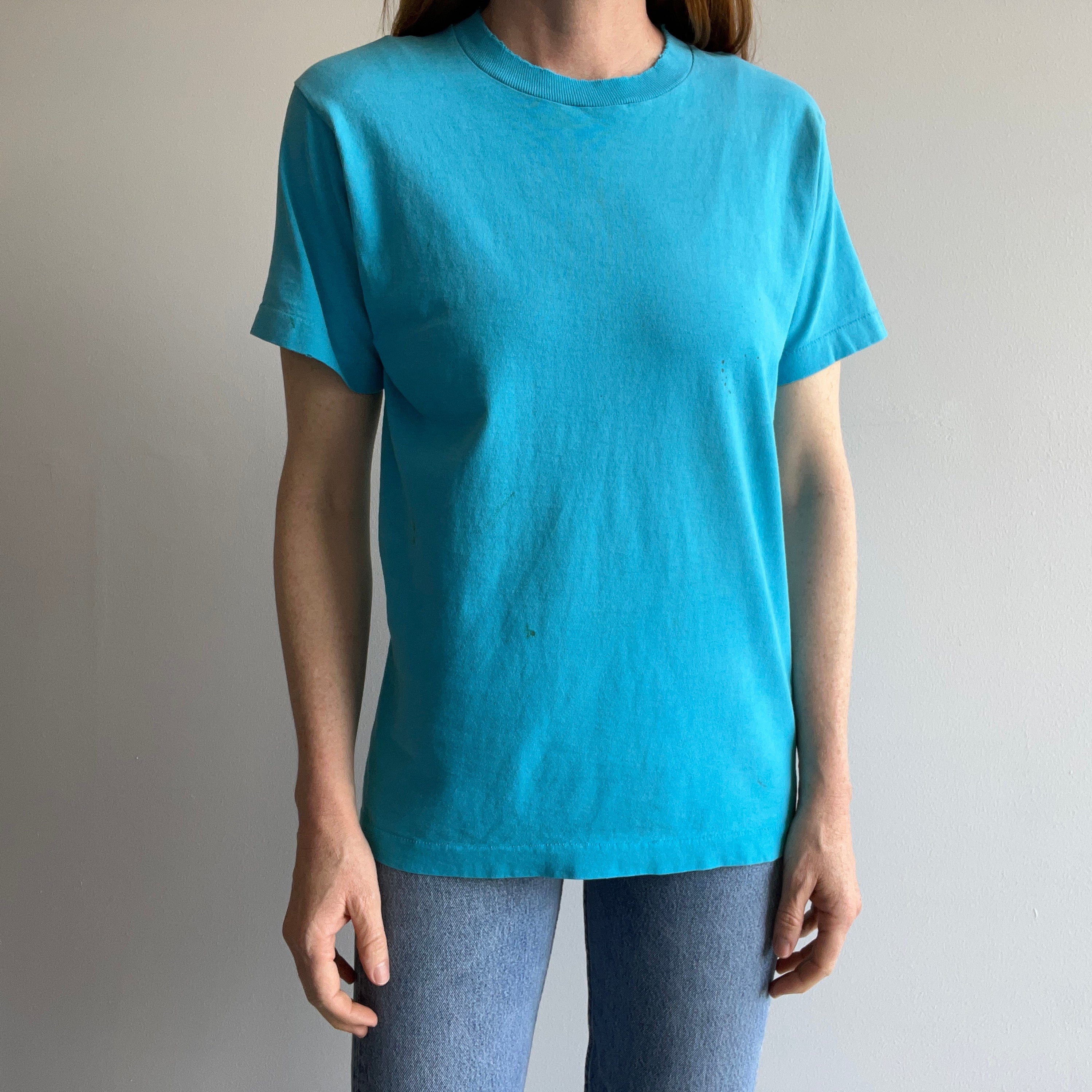 1980s Perfectly Tattered, Torn, Stained and Worn Turquoise FOTL T-Shirt