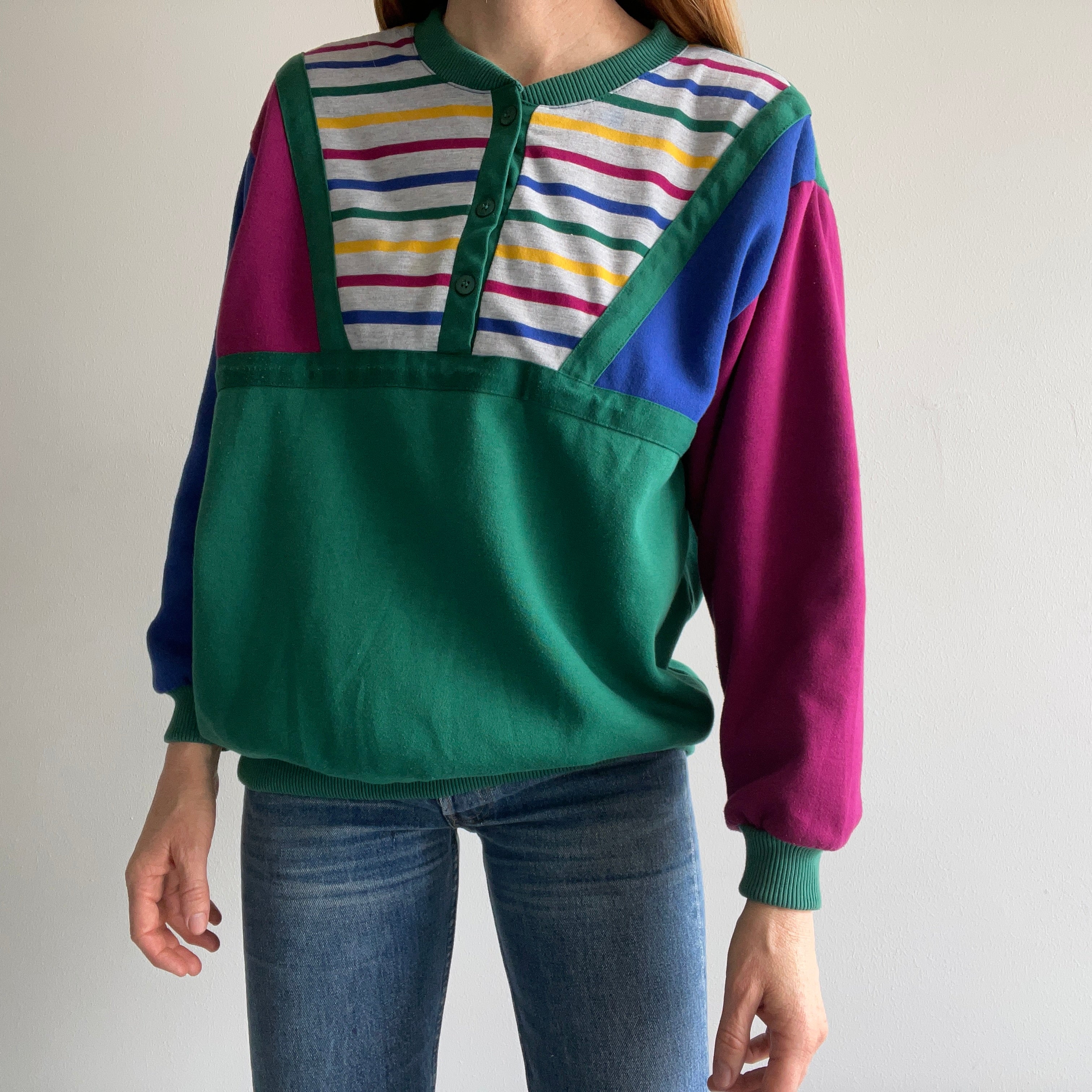 1980s Color Block Bonanza Henley Sweatshirt