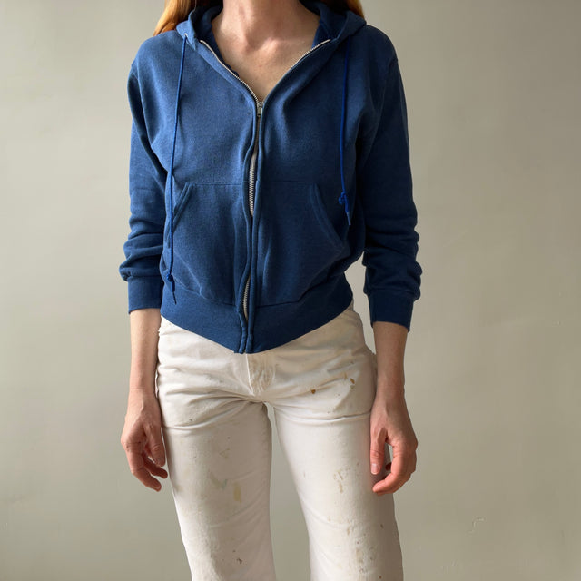 1980s Soft and Slouchy Zip Up Hoodie by Bassett Walker - Medium Blue