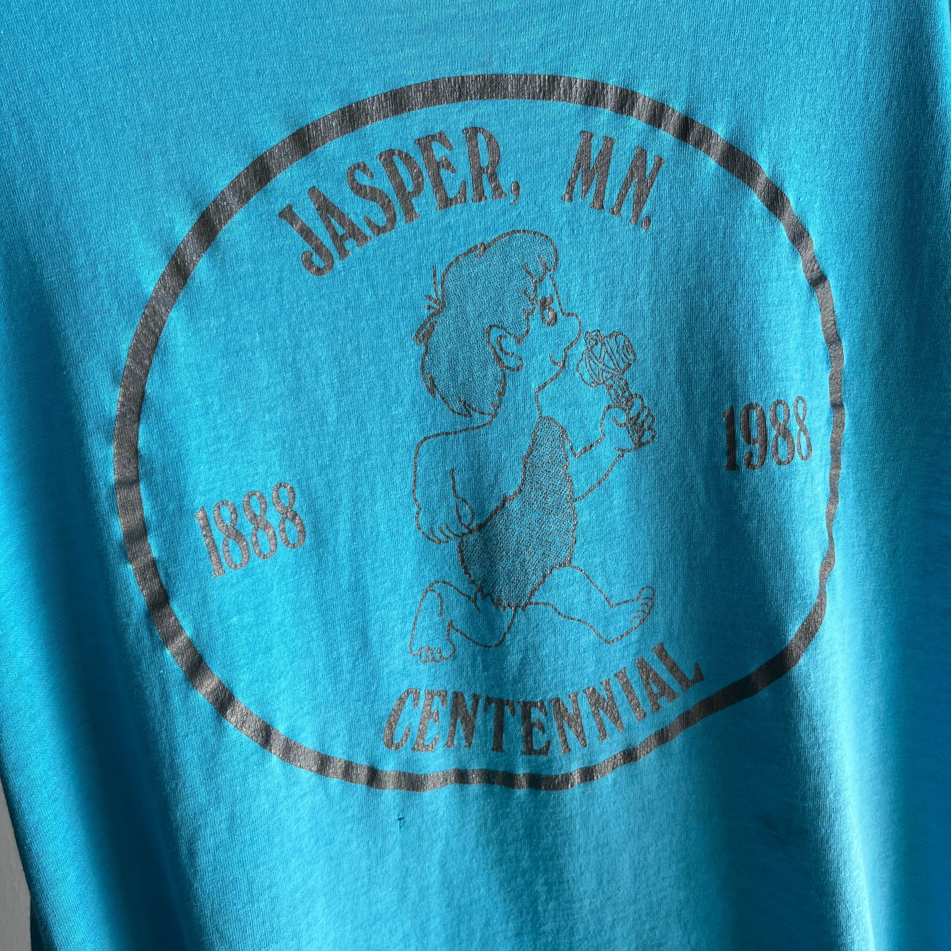 1988 Jasper, Minnesota Centennial Thin and Slouchy Single Stitch T-Shirt with a Cute Little Fellow