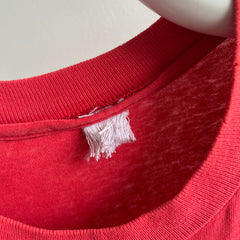 1980/90s Tattered, Torn, Worn, Beat Up, Heavily Stained Selvedge Pocket Faded Red T-Shirt
