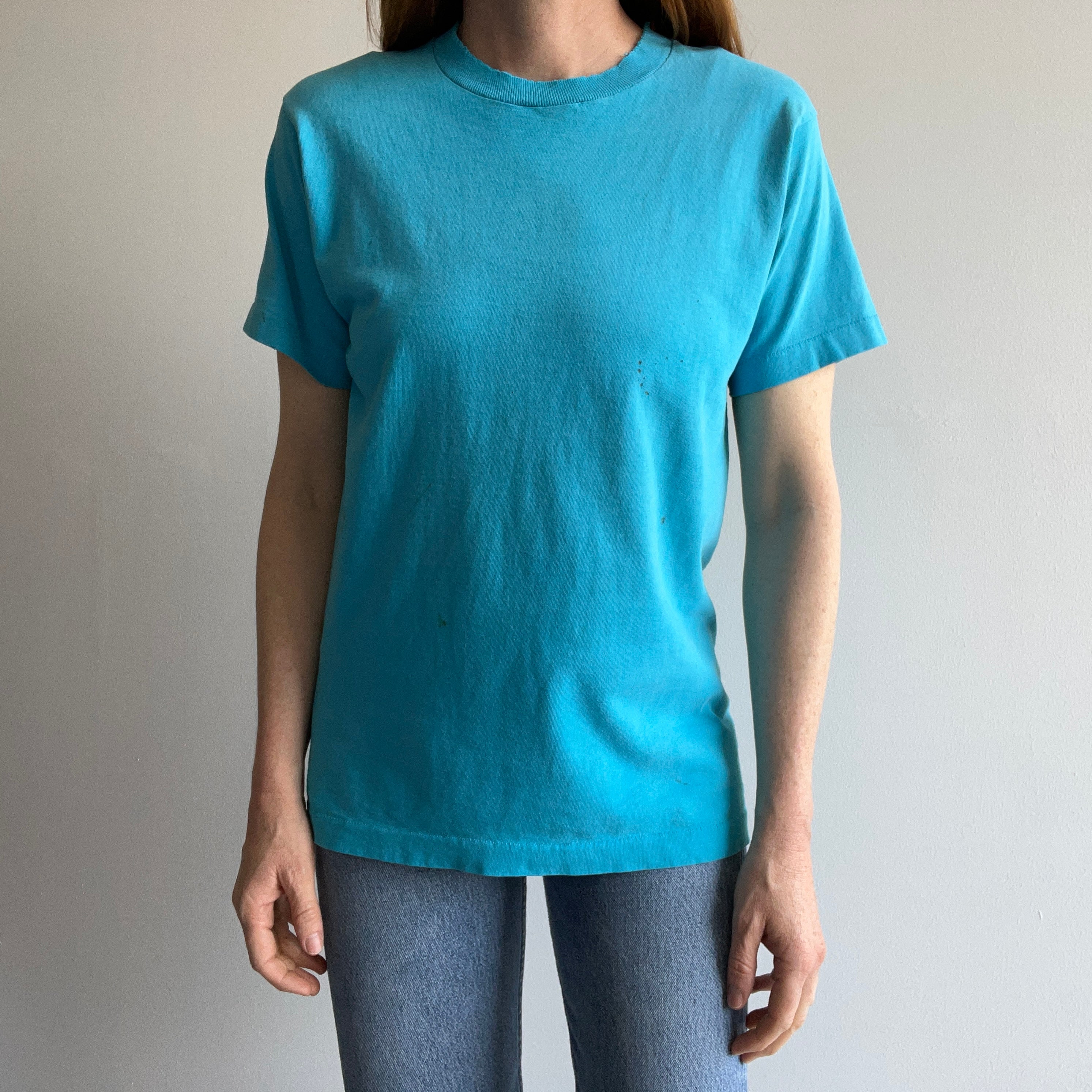 1980s Perfectly Tattered, Torn, Stained and Worn Turquoise FOTL T-Shirt