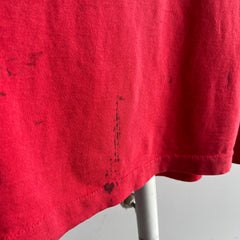 1980/90s Tattered, Torn, Worn, Beat Up, Heavily Stained Selvedge Pocket Faded Red T-Shirt