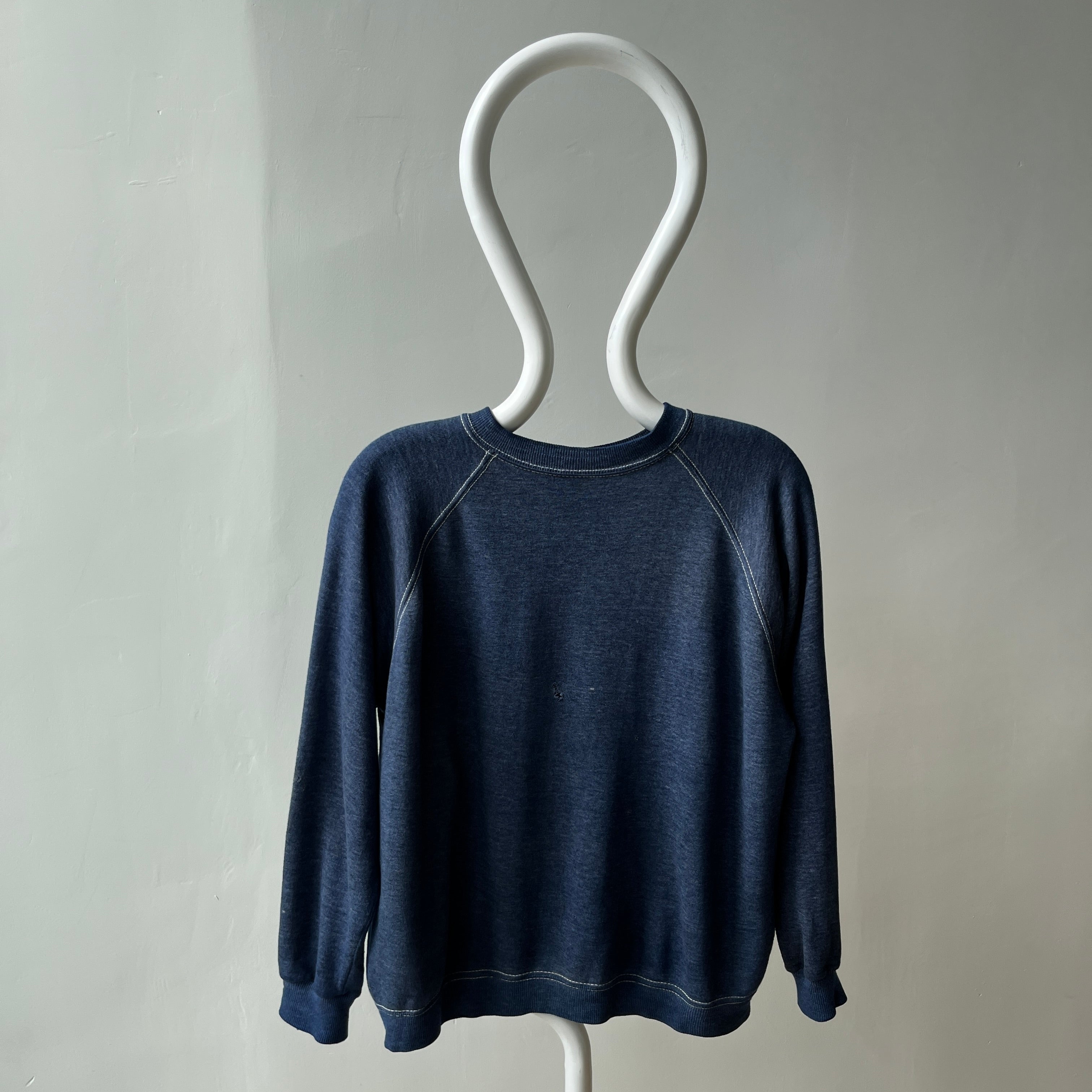 1970s Contrast Stitch Heather Blue Destroyed Raglan Sweatshirt