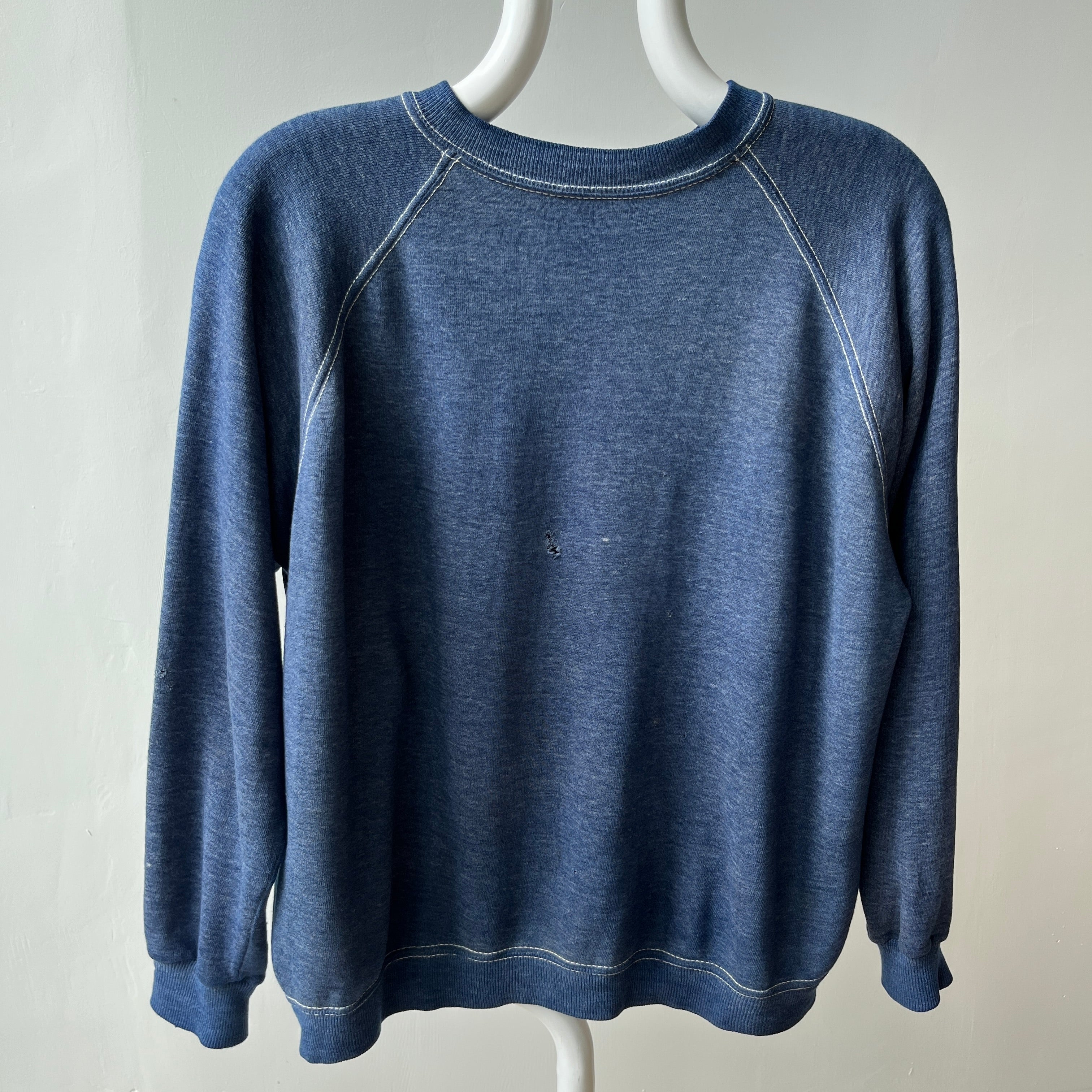 1970s Contrast Stitch Heather Blue Destroyed Raglan Sweatshirt