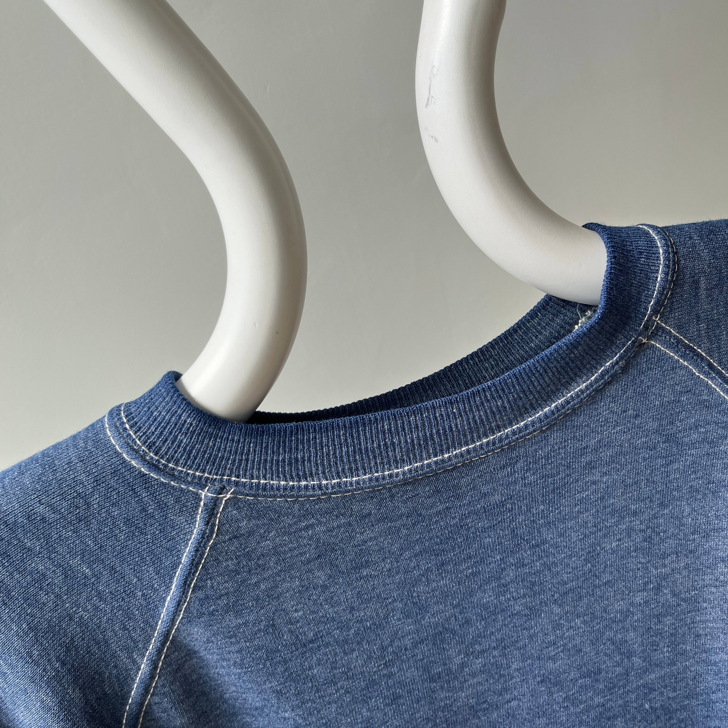 1970s Contrast Stitch Heather Blue Destroyed Raglan Sweatshirt