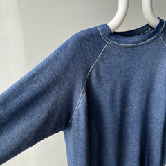 1970s Contrast Stitch Heather Blue Destroyed Raglan Sweatshirt