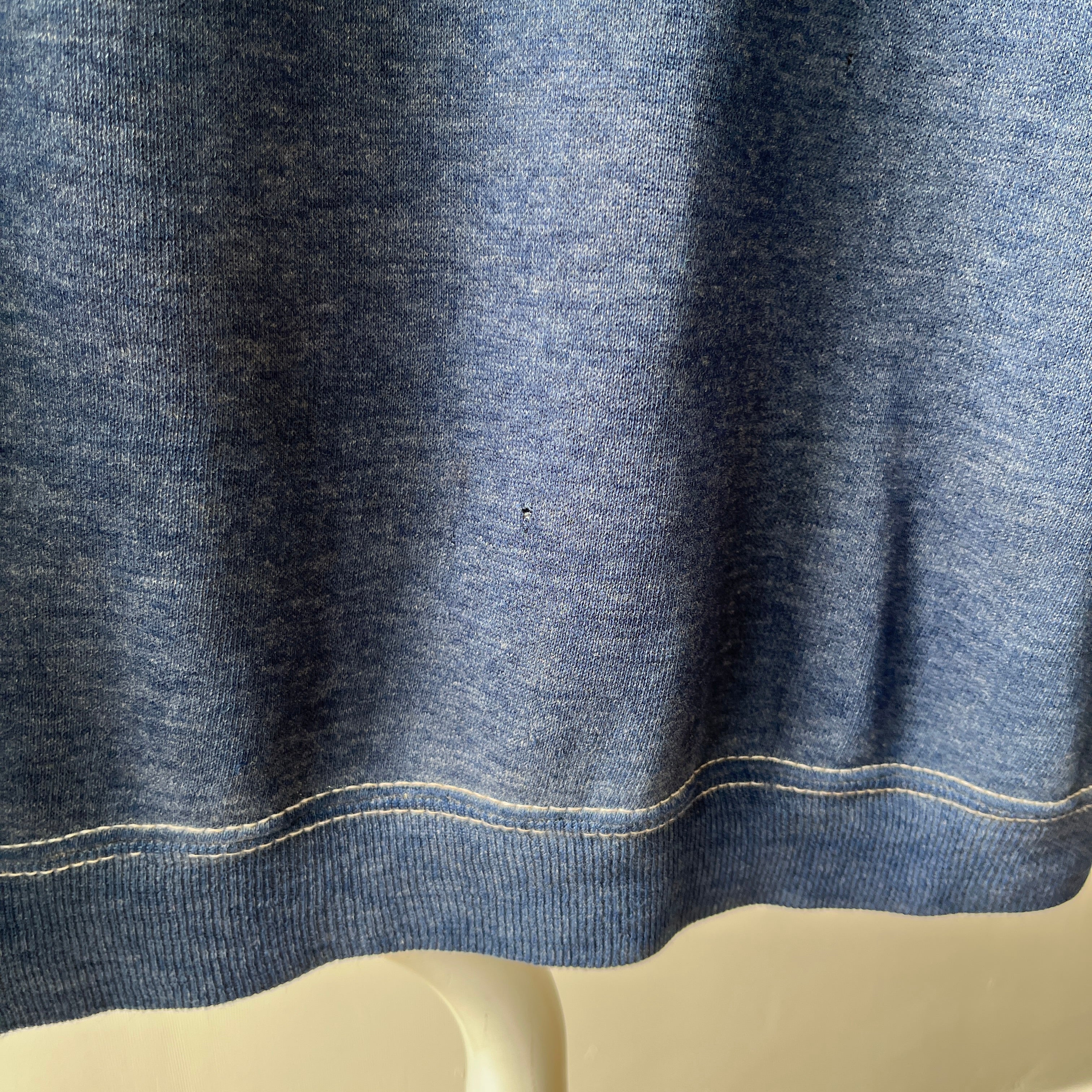 1970s Contrast Stitch Heather Blue Destroyed Raglan Sweatshirt