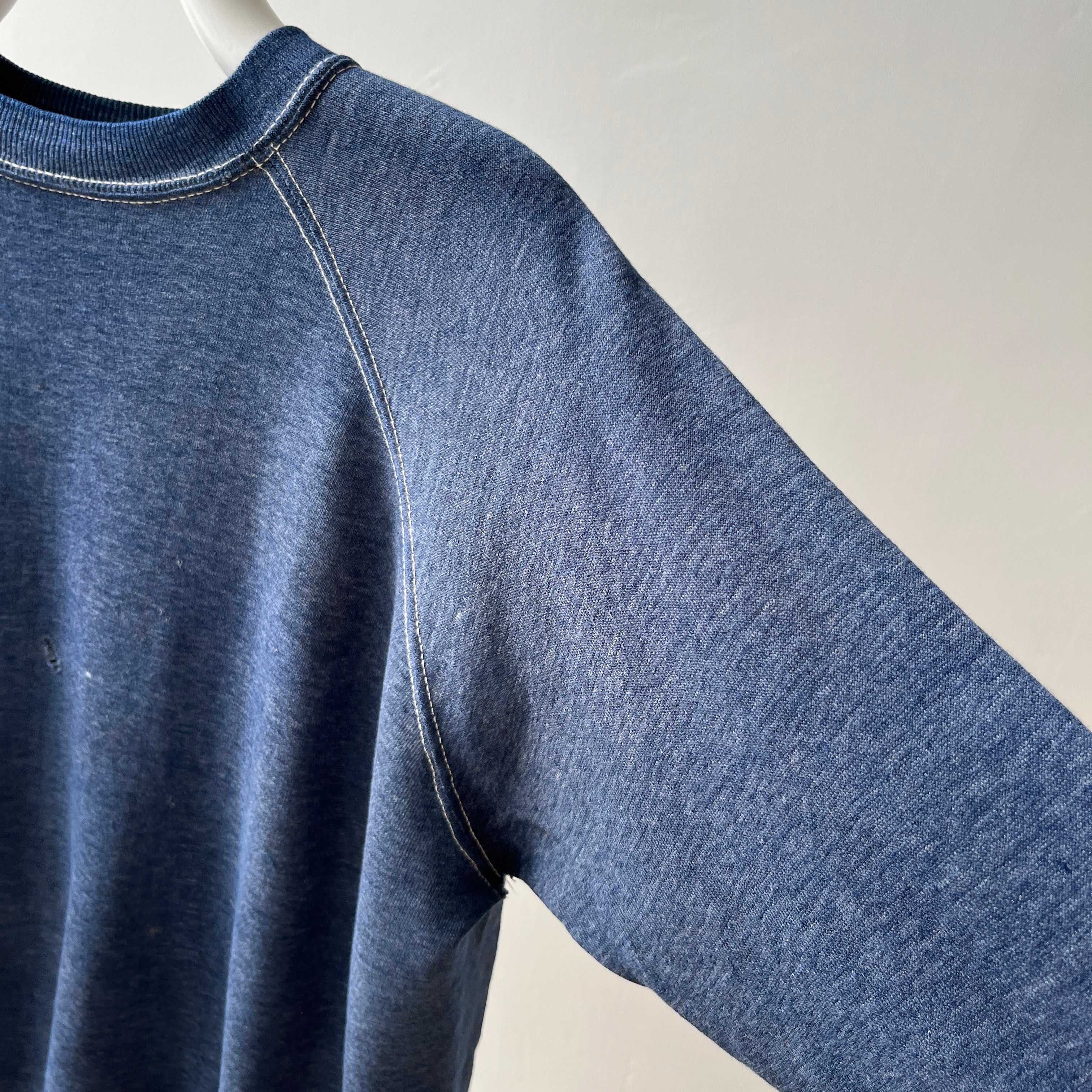 1970s Contrast Stitch Heather Blue Destroyed Raglan Sweatshirt