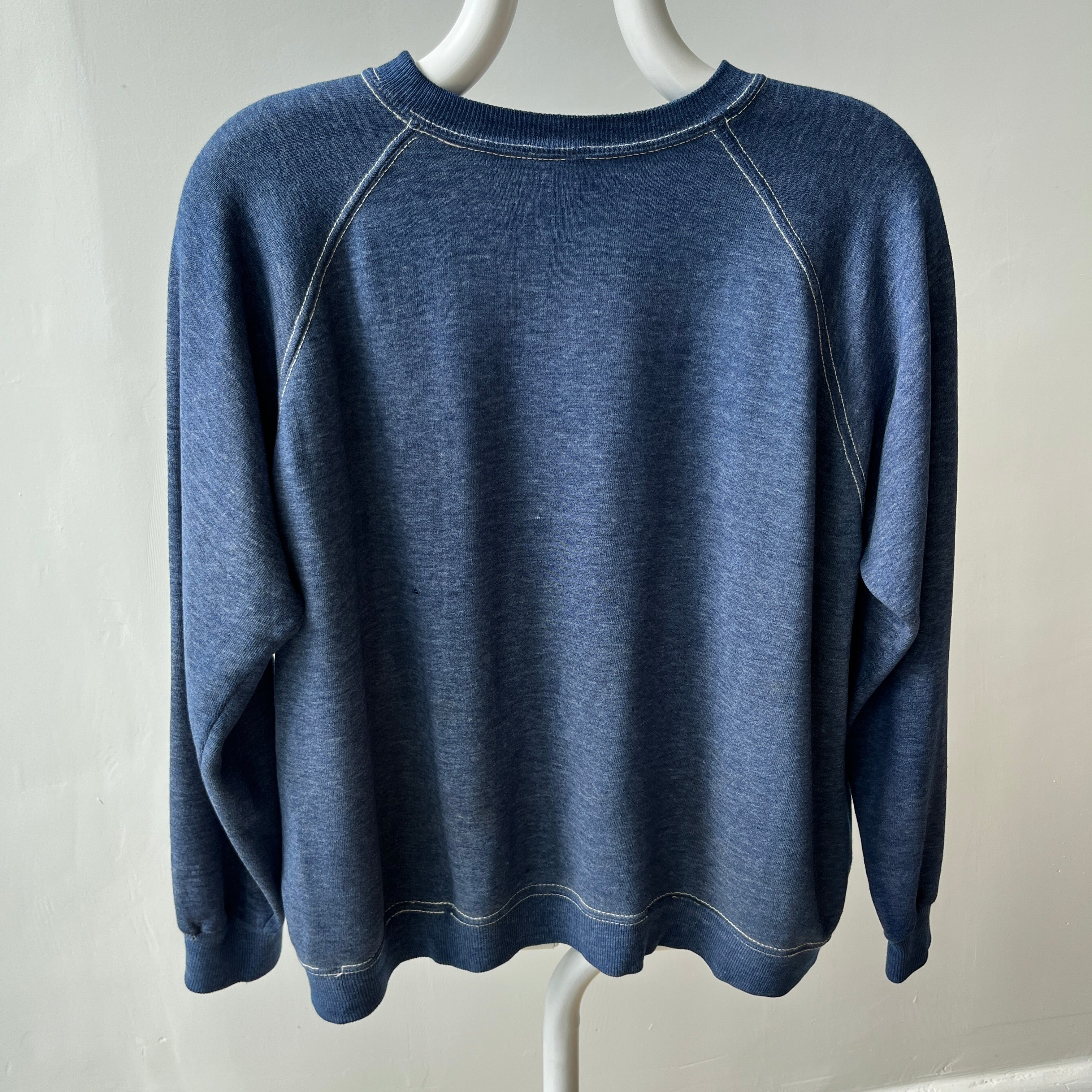 1970s Contrast Stitch Heather Blue Destroyed Raglan Sweatshirt