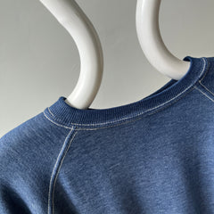 1970s Contrast Stitch Heather Blue Destroyed Raglan Sweatshirt