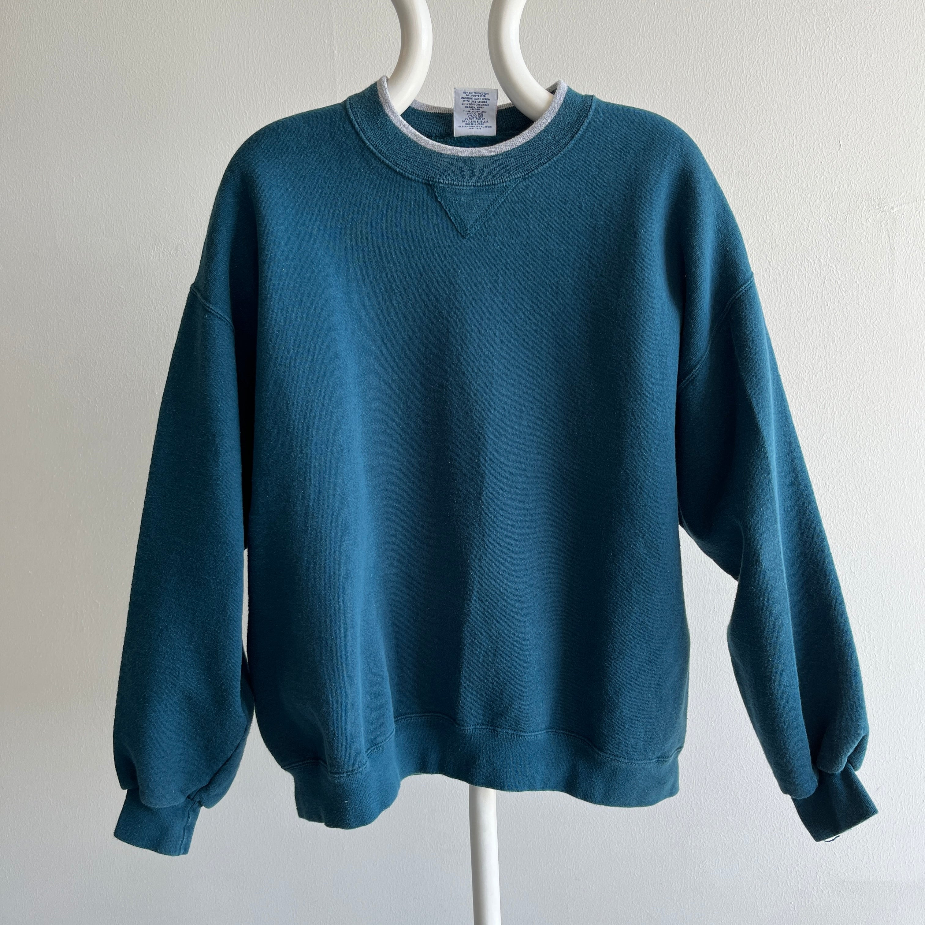 1990s Structured Deep Teal Sweatshirt with Gray Piping