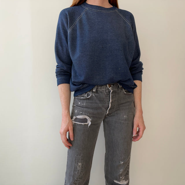 1970s Contrast Stitch Heather Blue Destroyed Raglan Sweatshirt