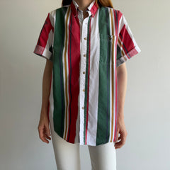 1990s Cotton Short Sleeve Button Down Vertical Stripe Shirt