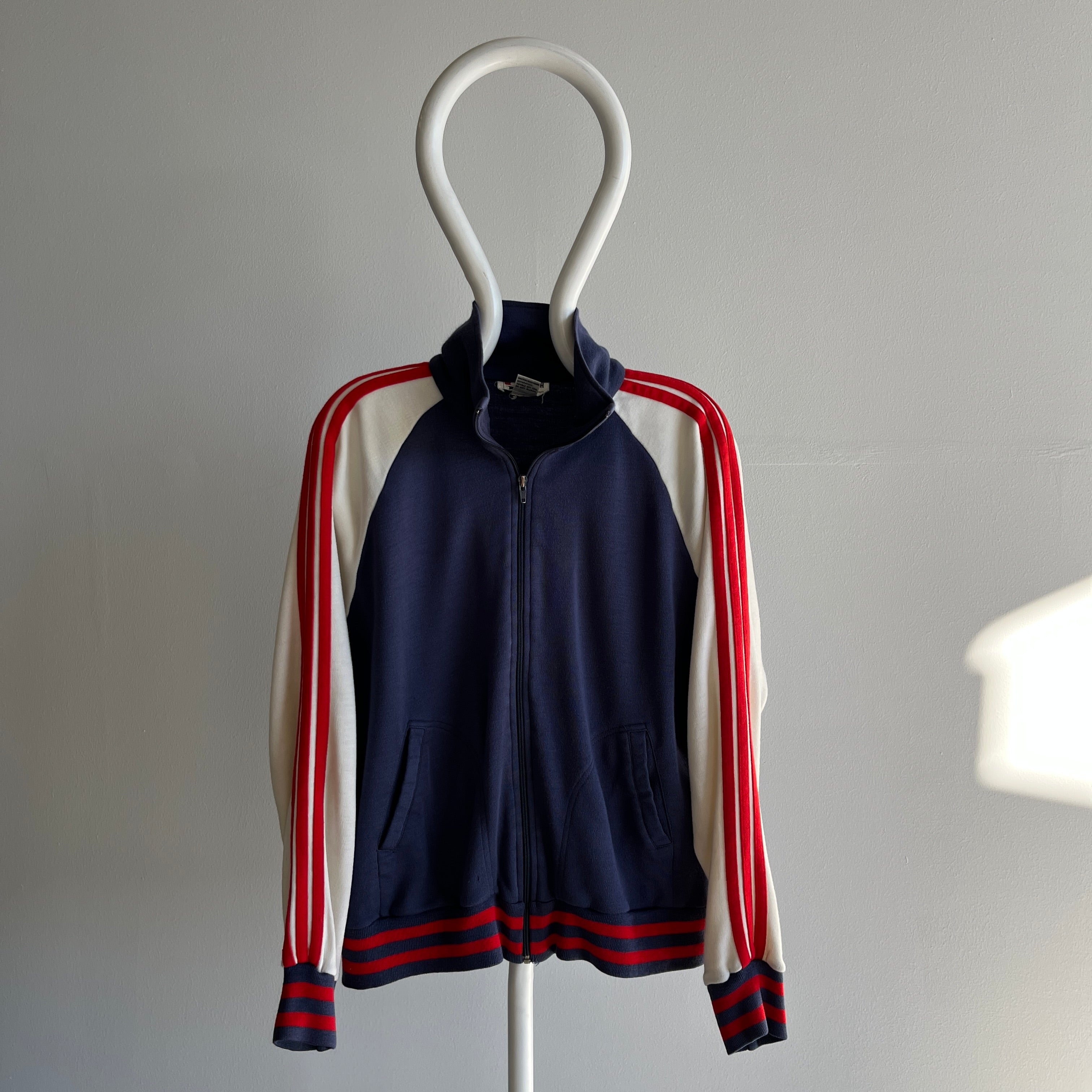 1980s Red (off) White and Blue Triple Stripe Super Duper Soft Zip Up