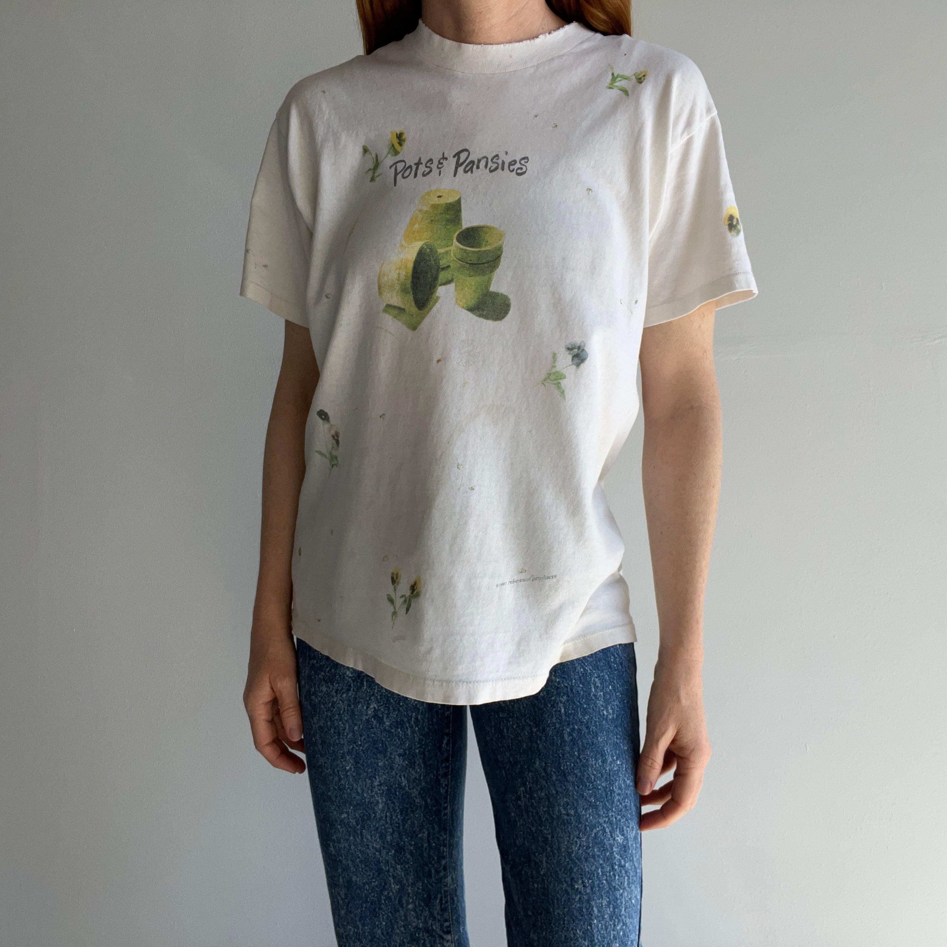 1990s Pots & Pansies Tattered, Torn, Worn, Split Collar and Stained Cotton T-Shirt