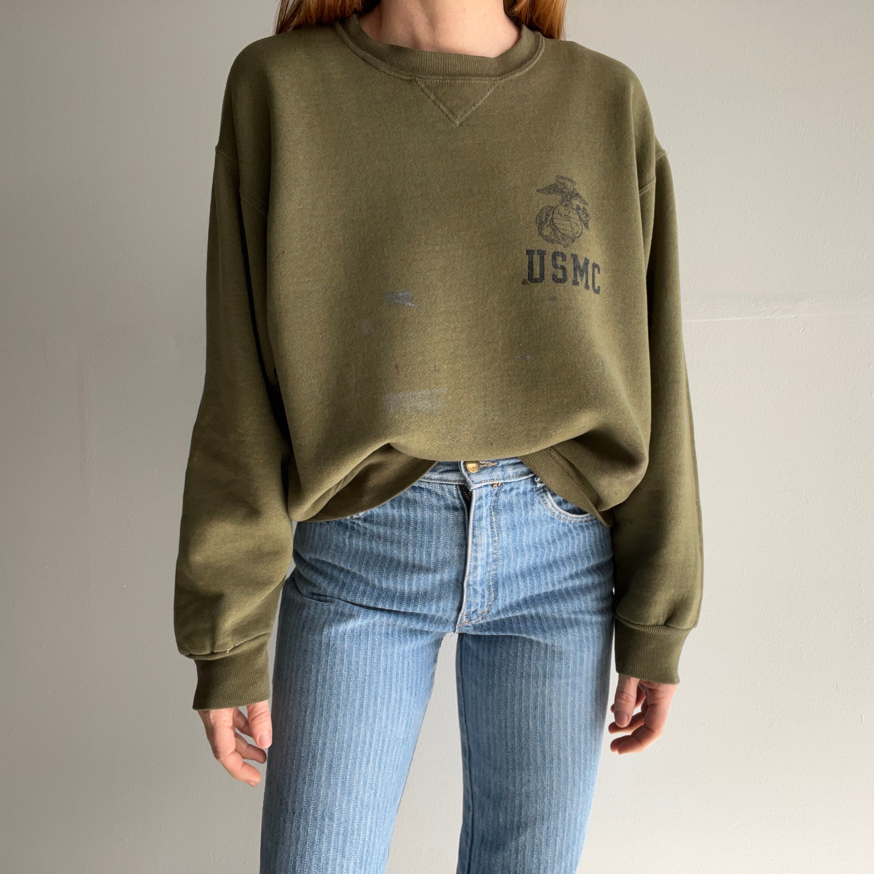 1990s Super Rad USMC Bleach, Paint and Other Stained Thinned Out Sweatshirt