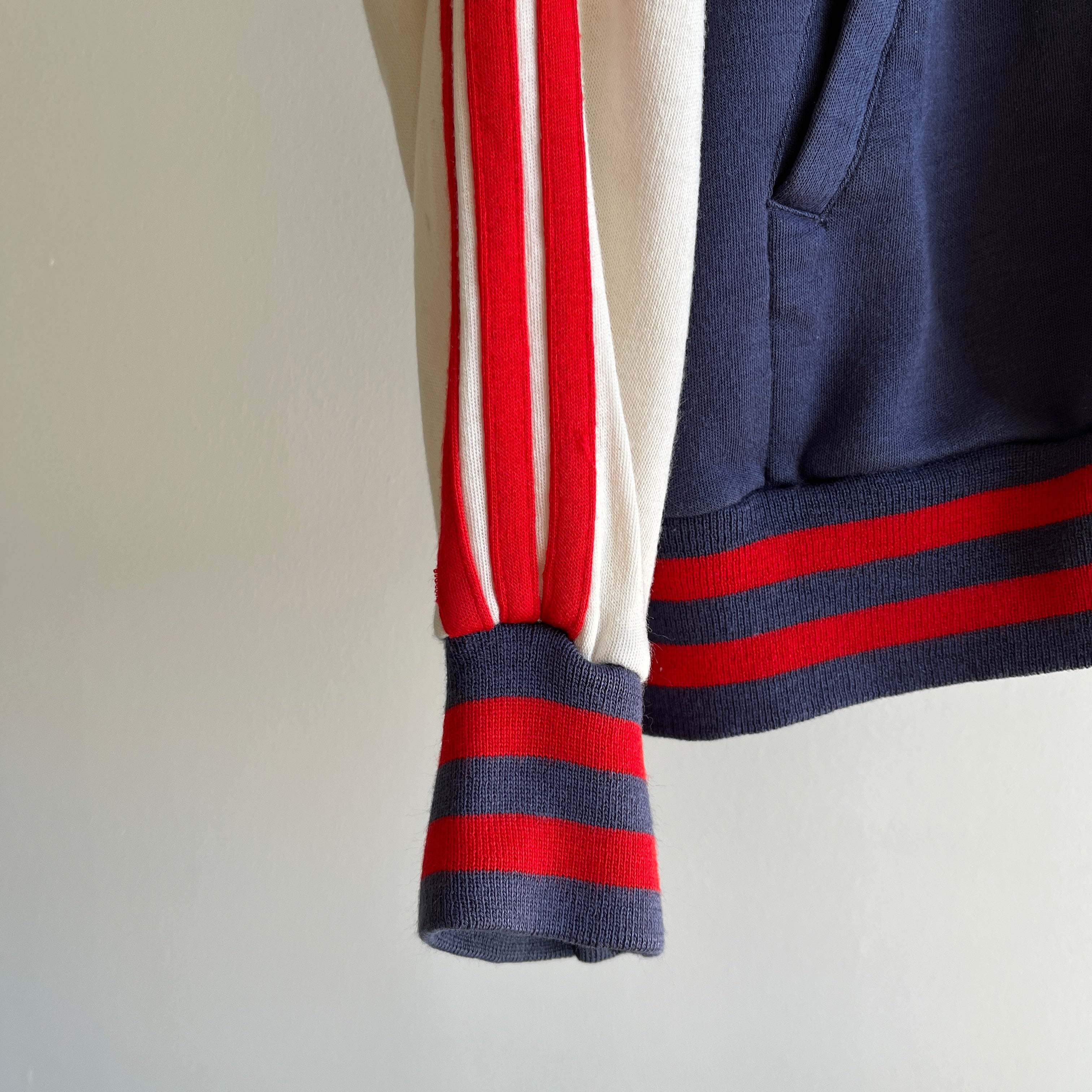 1980s Red (off) White and Blue Triple Stripe Super Duper Soft Zip Up