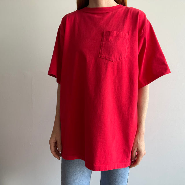 1990s Relaxed Fit Nail Polish Red Cotton Pocket T-Shirt