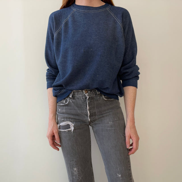 1970s Contrast Stitch Heather Blue Destroyed Raglan Sweatshirt