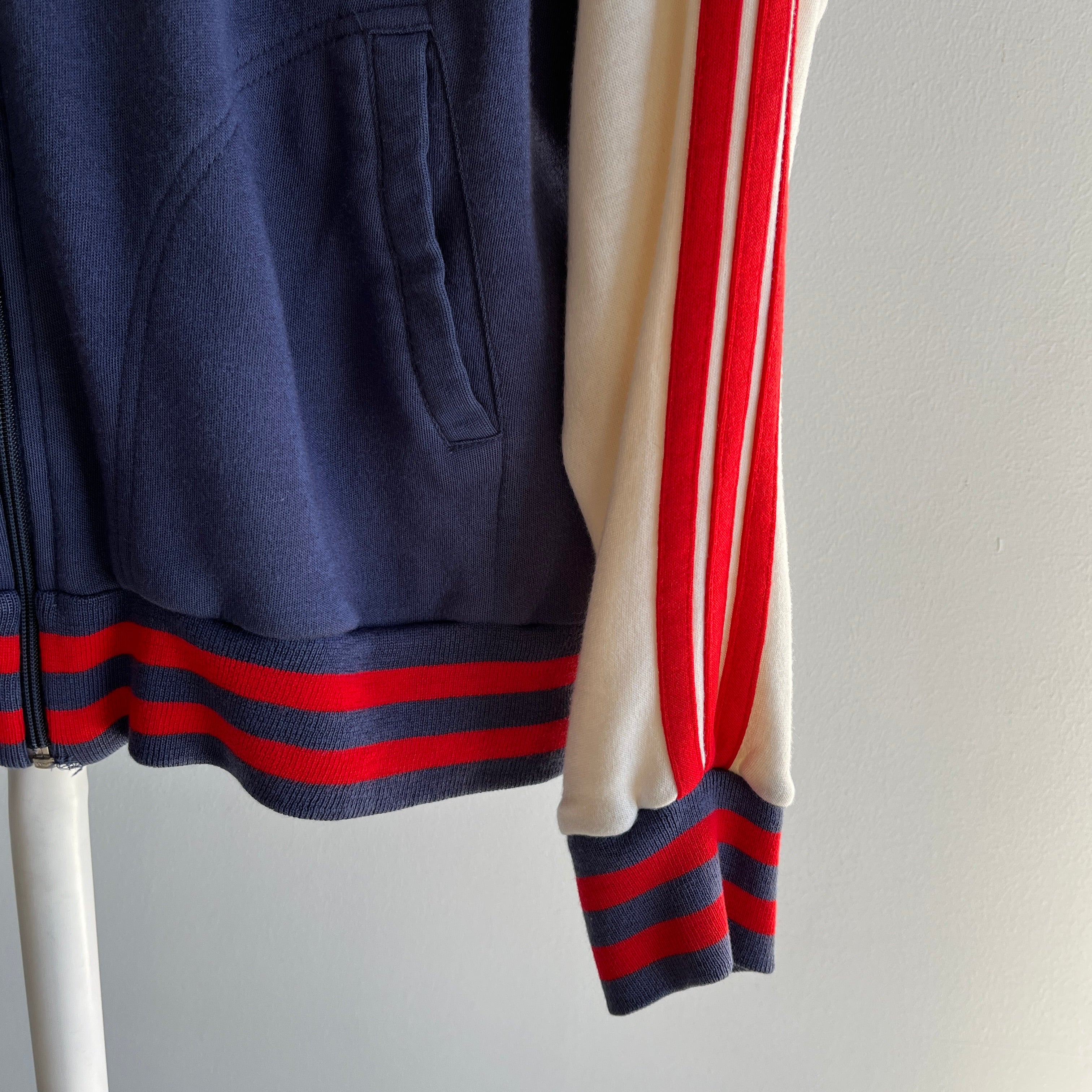 1980s Red (off) White and Blue Triple Stripe Super Duper Soft Zip Up