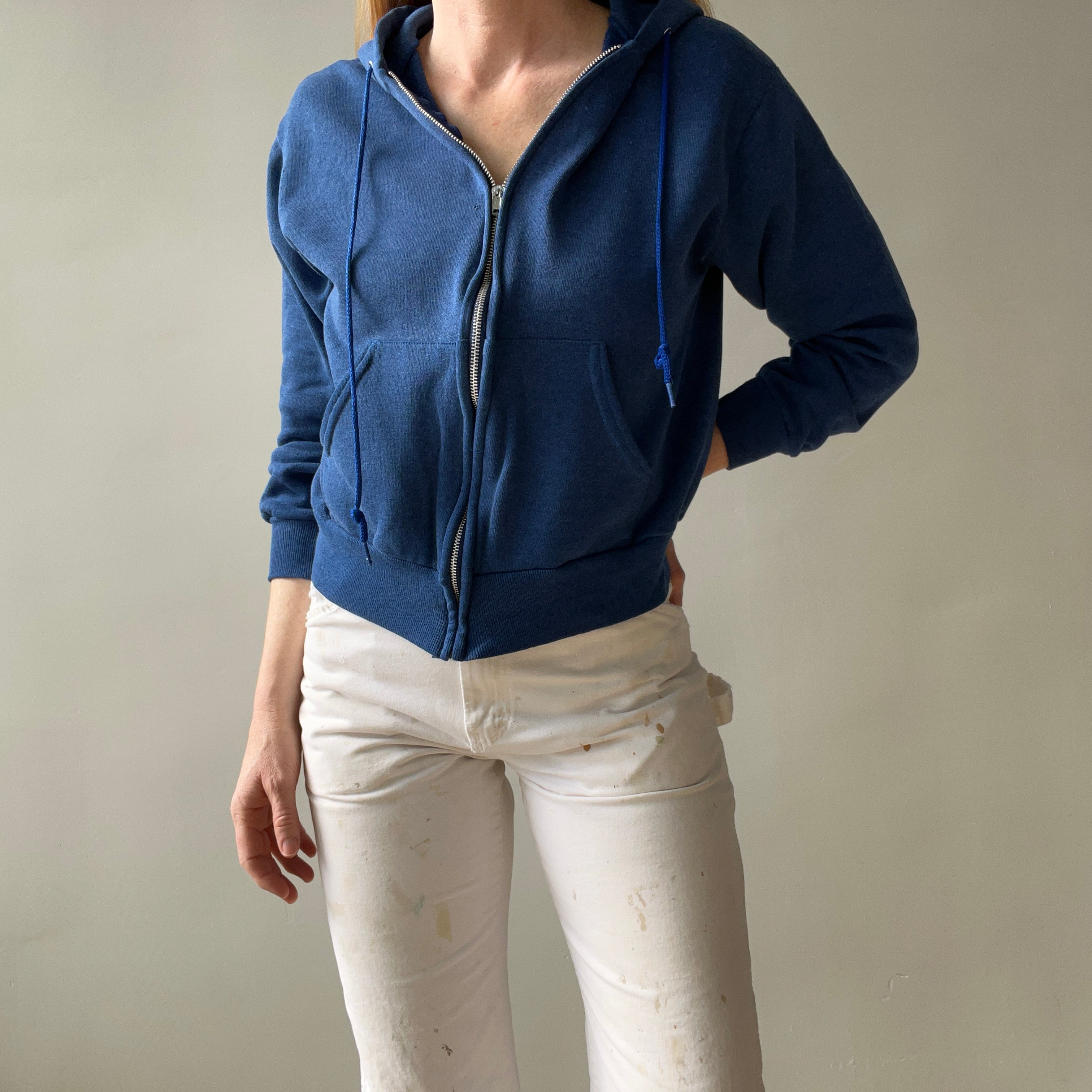 1980s Soft and Slouchy Zip Up Hoodie by Bassett Walker - Medium Blue