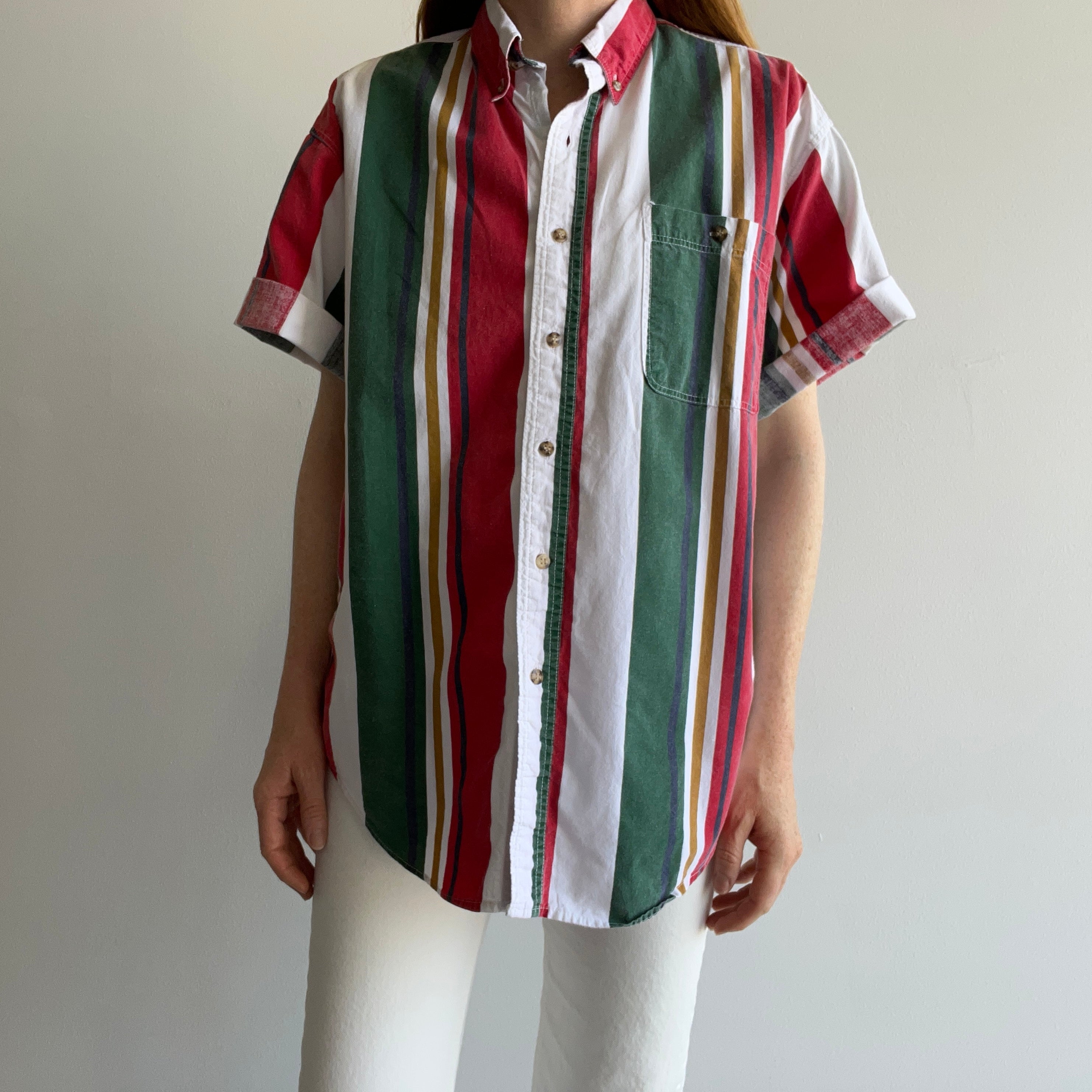 1990s Cotton Short Sleeve Button Down Vertical Stripe Shirt